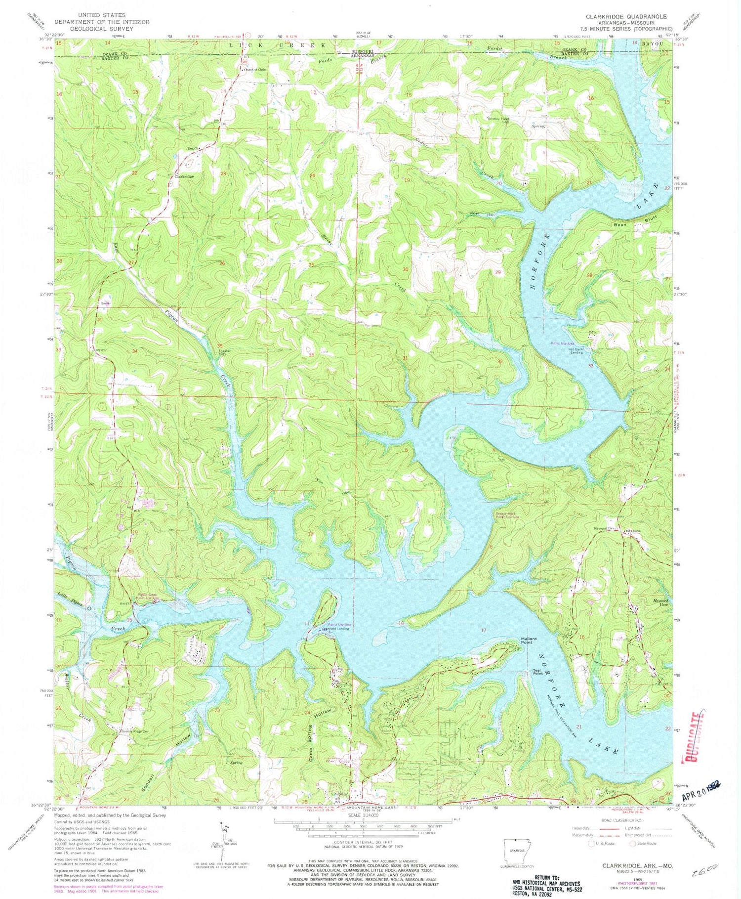 Classic USGS Clarkridge Arkansas 7.5'x7.5' Topo Map Image
