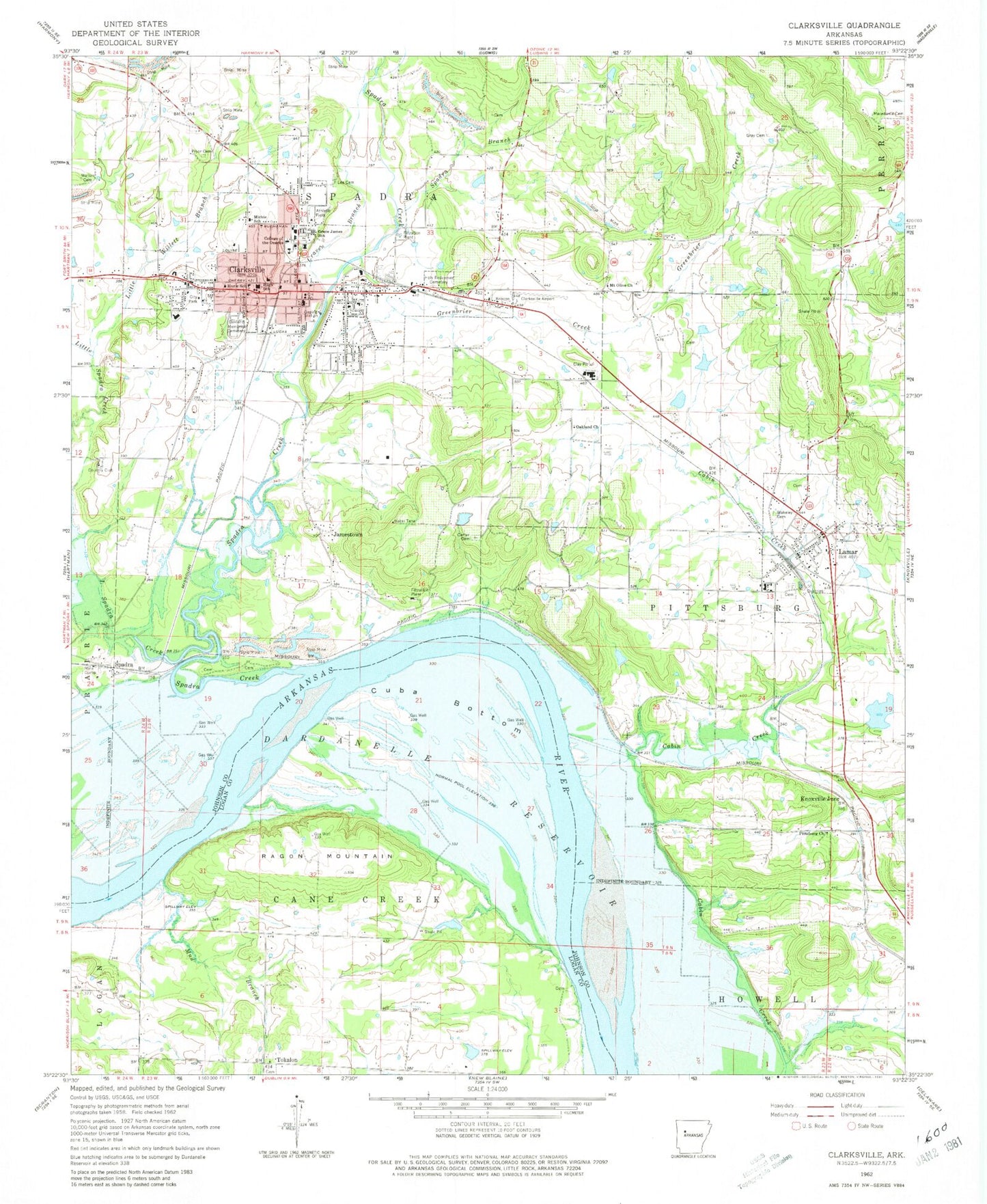 Classic USGS Clarksville Arkansas 7.5'x7.5' Topo Map Image