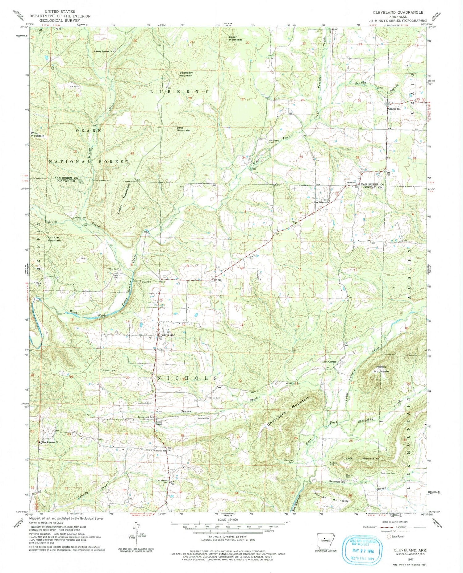 Classic USGS Cleveland Arkansas 7.5'x7.5' Topo Map Image