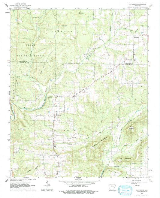 Classic USGS Cleveland Arkansas 7.5'x7.5' Topo Map Image