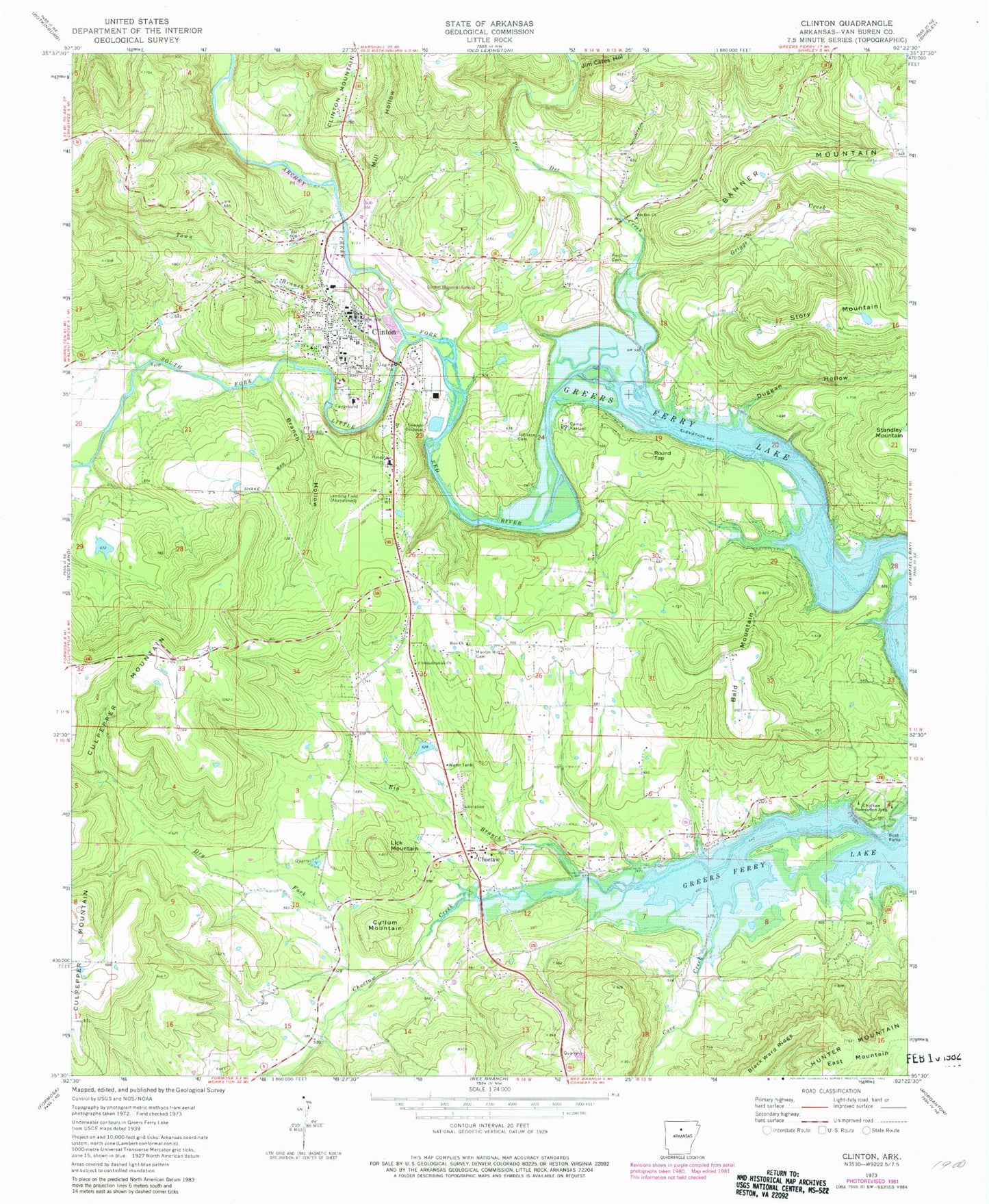Classic USGS Clinton Arkansas 7.5'x7.5' Topo Map Image