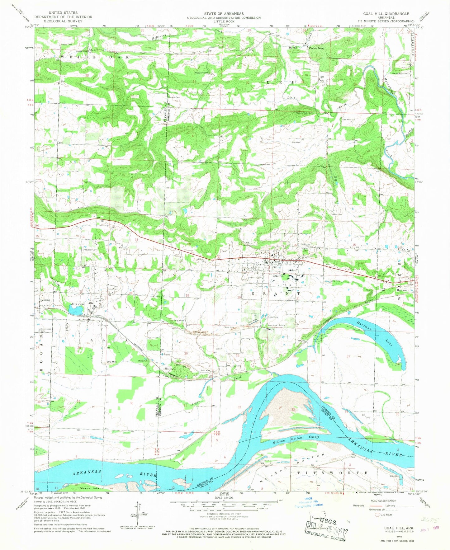 Classic USGS Coal Hill Arkansas 7.5'x7.5' Topo Map Image