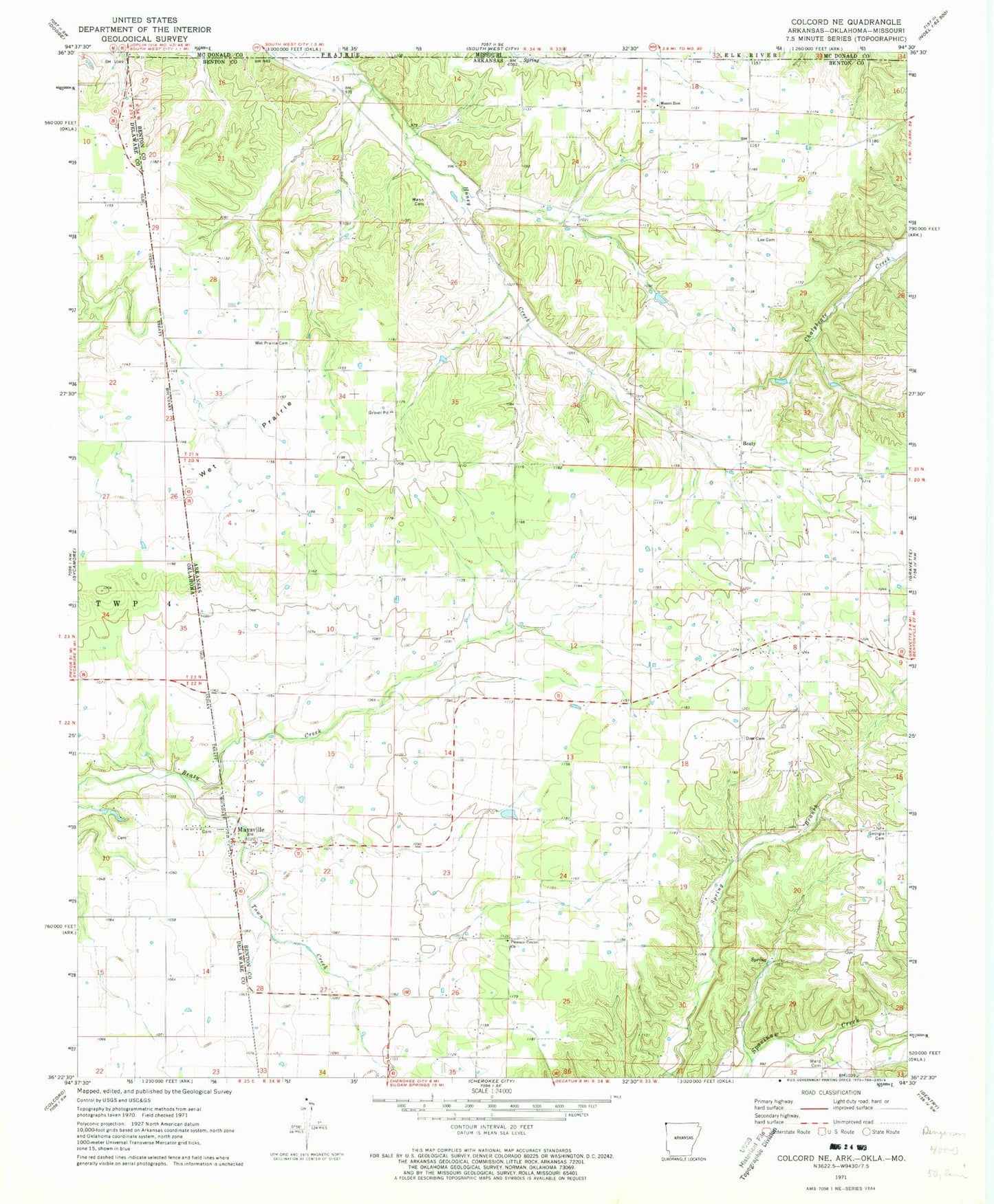 Classic USGS Colcord NE Arkansas 7.5'x7.5' Topo Map Image
