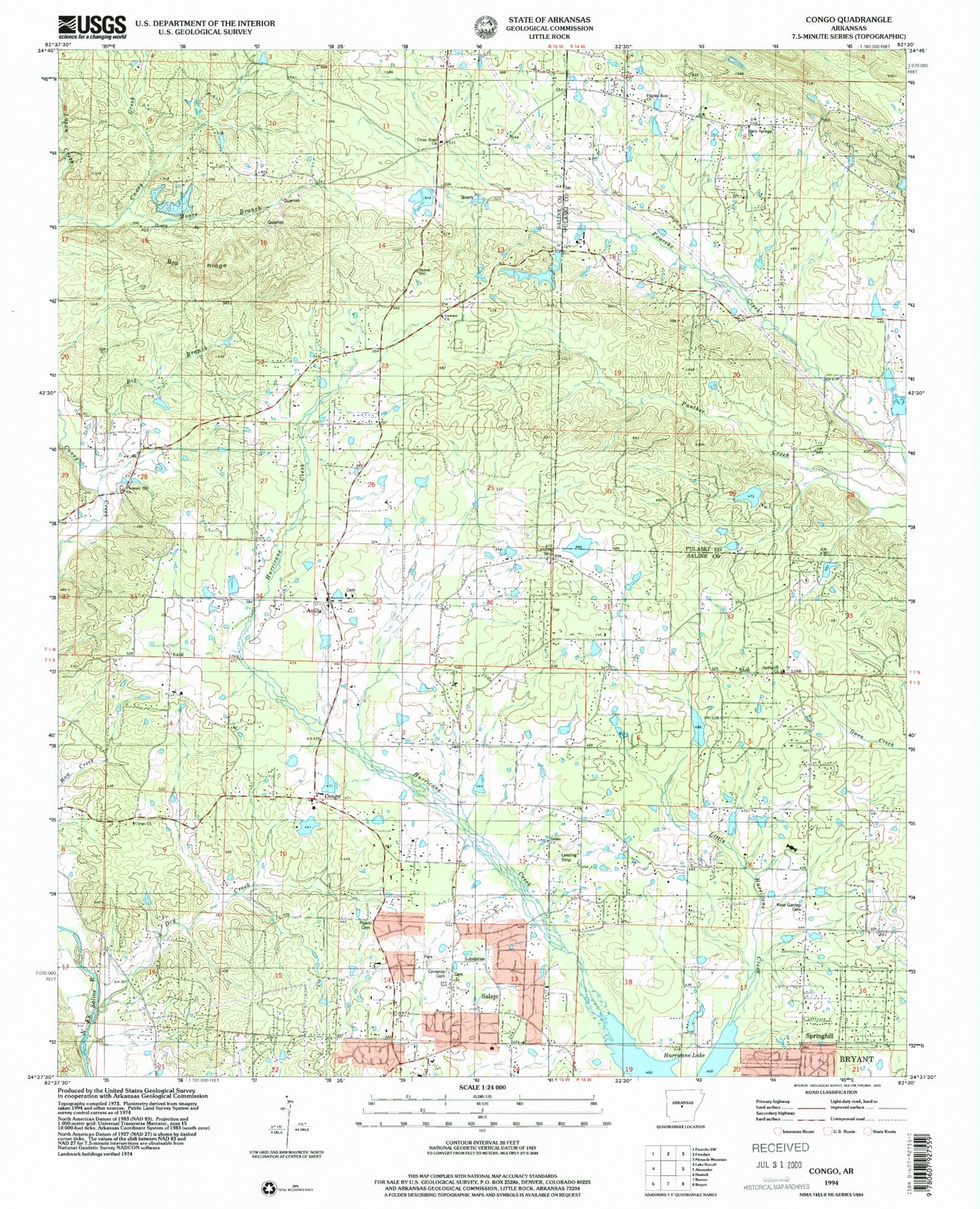 Classic USGS Congo Arkansas 7.5'x7.5' Topo Map Image