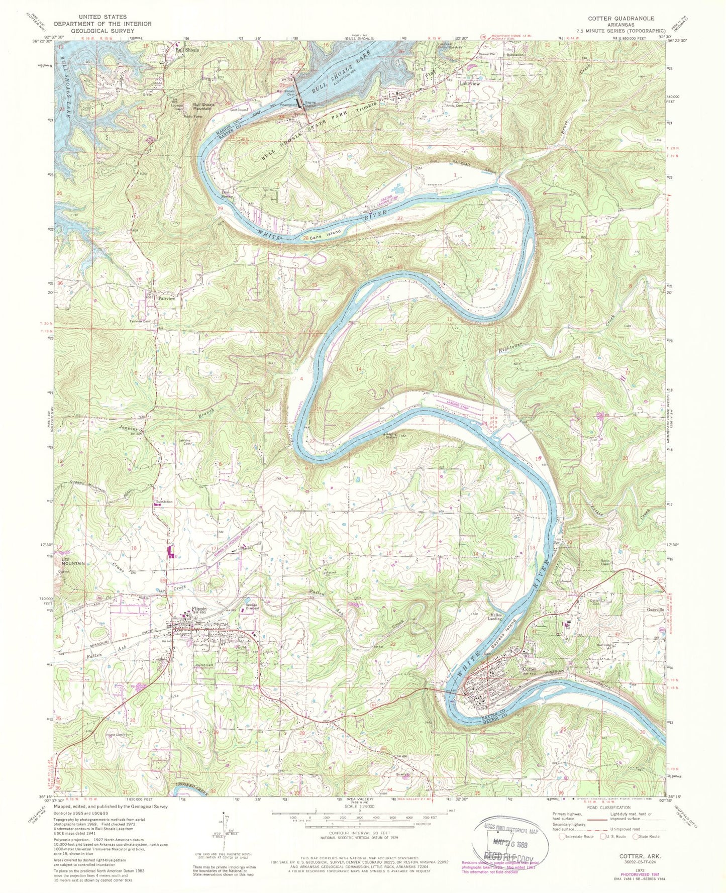 Classic USGS Cotter Arkansas 7.5'x7.5' Topo Map Image