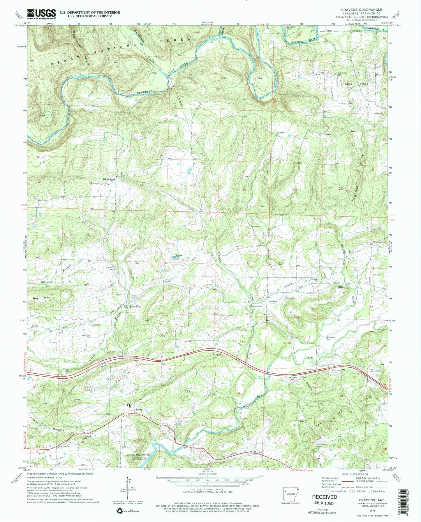 Classic USGS Cravens Arkansas 7.5'x7.5' Topo Map Image