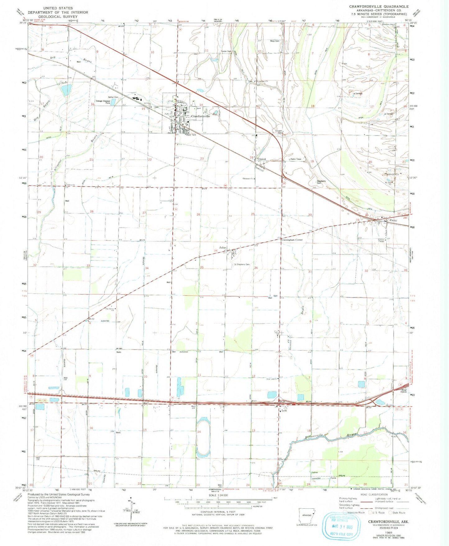 Classic USGS Crawfordsville Arkansas 7.5'x7.5' Topo Map Image