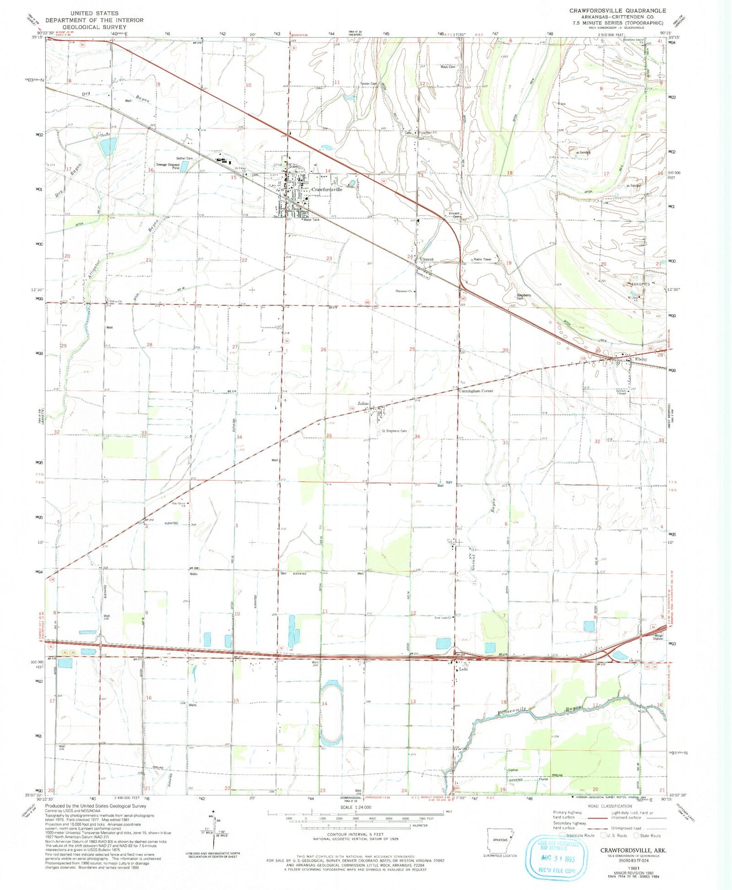 Classic USGS Crawfordsville Arkansas 7.5'x7.5' Topo Map Image