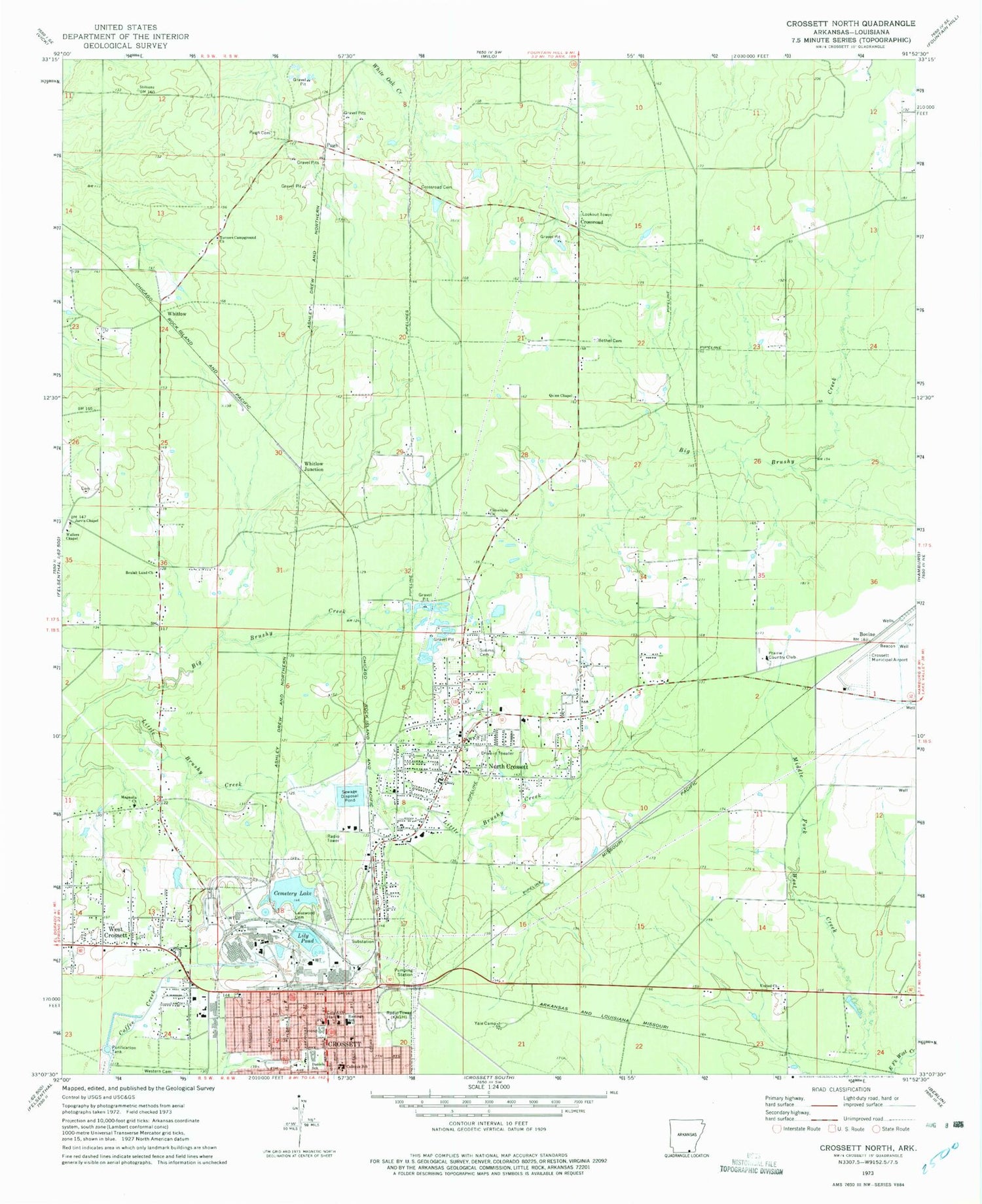 Classic USGS Crossett North Arkansas 7.5'x7.5' Topo Map Image