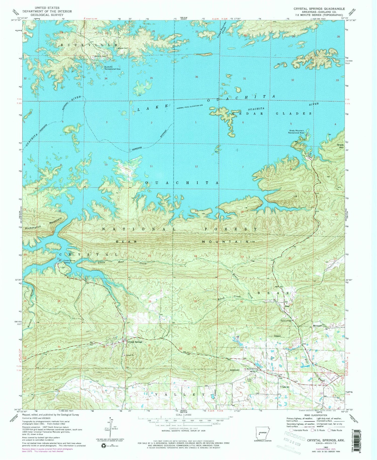 Classic USGS Crystal Springs Arkansas 7.5'x7.5' Topo Map Image