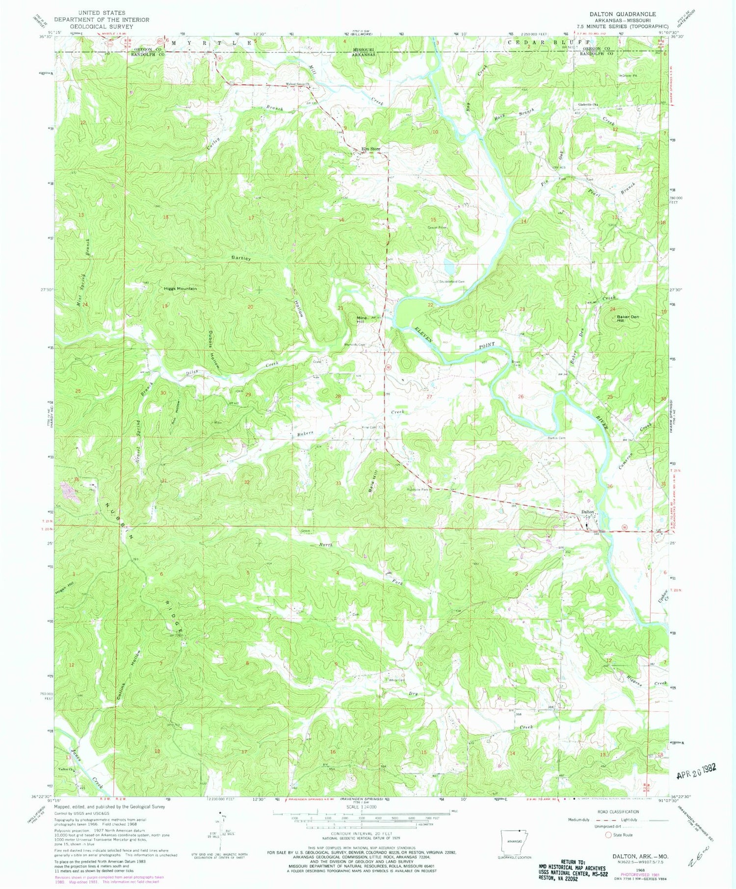 Classic USGS Dalton Arkansas 7.5'x7.5' Topo Map Image
