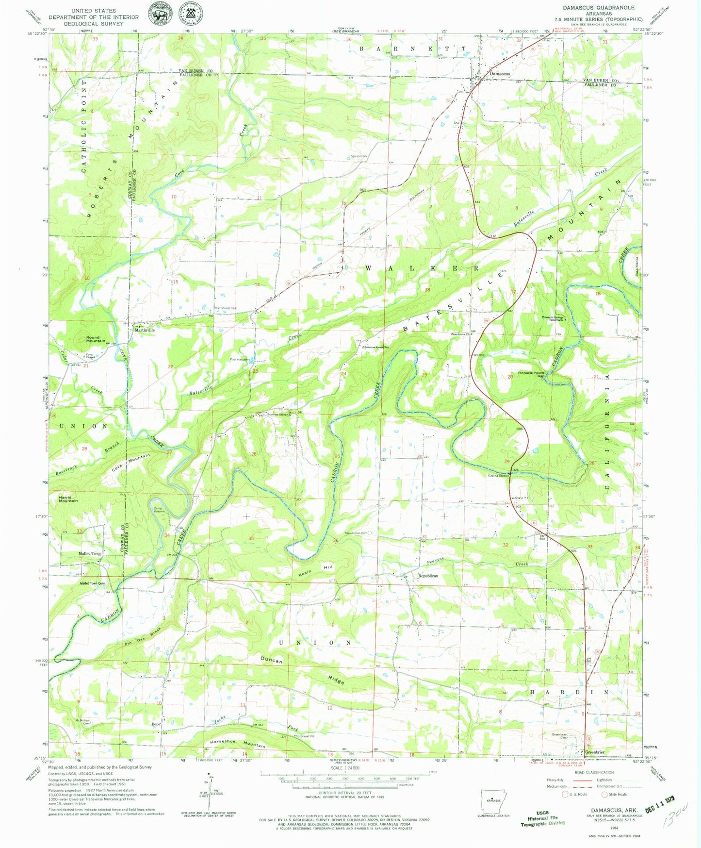 Classic USGS Damascus Arkansas 7.5'x7.5' Topo Map Image