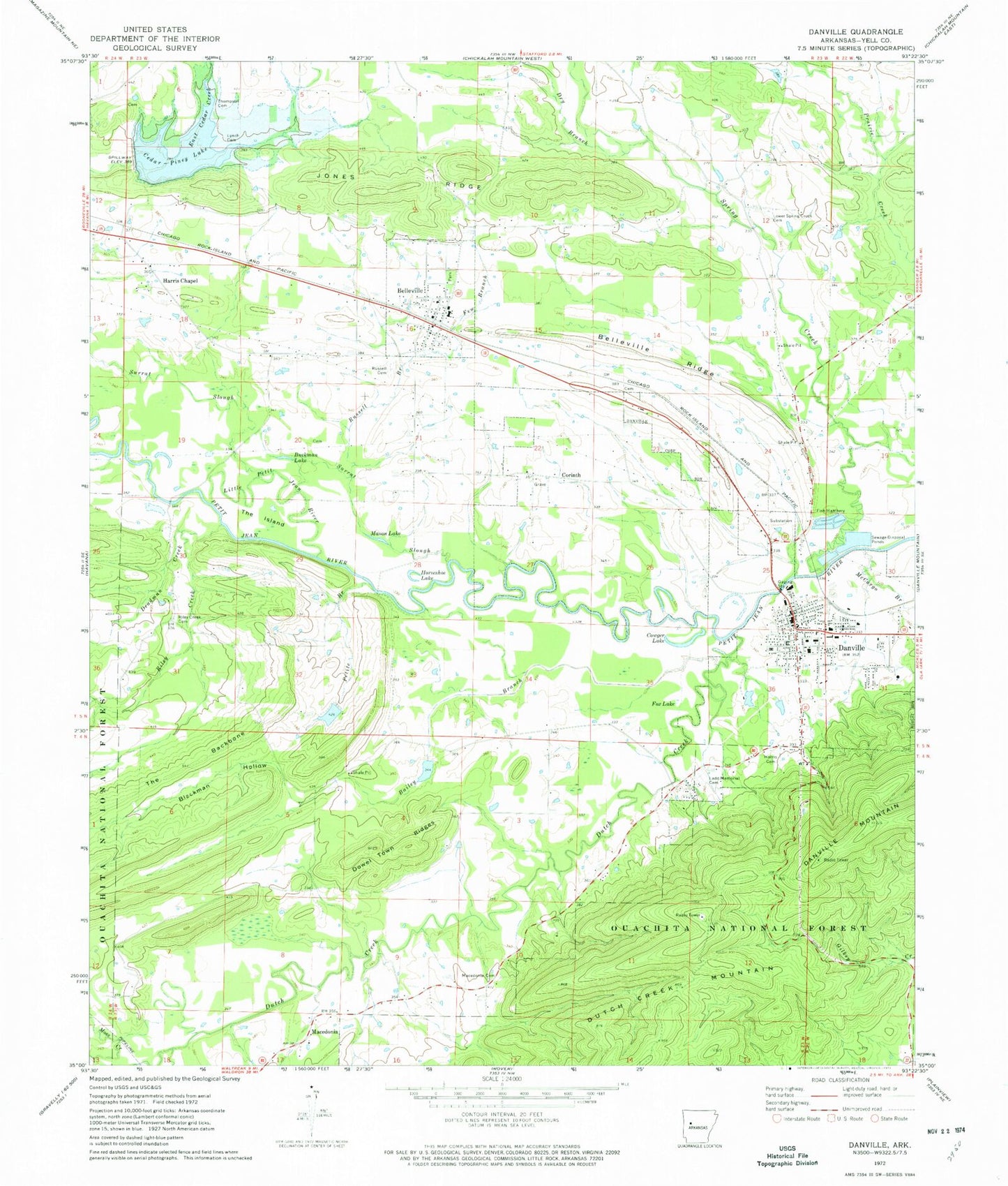 Classic USGS Danville Arkansas 7.5'x7.5' Topo Map Image