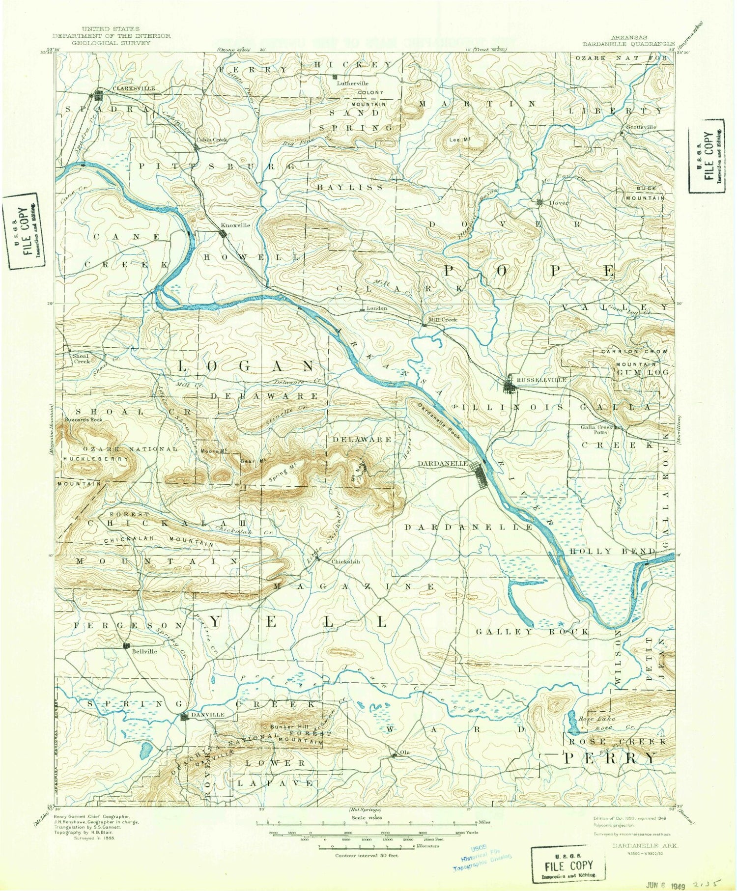 Historic 1890 Dardanelle Arkansas 30'x30' Topo Map Image