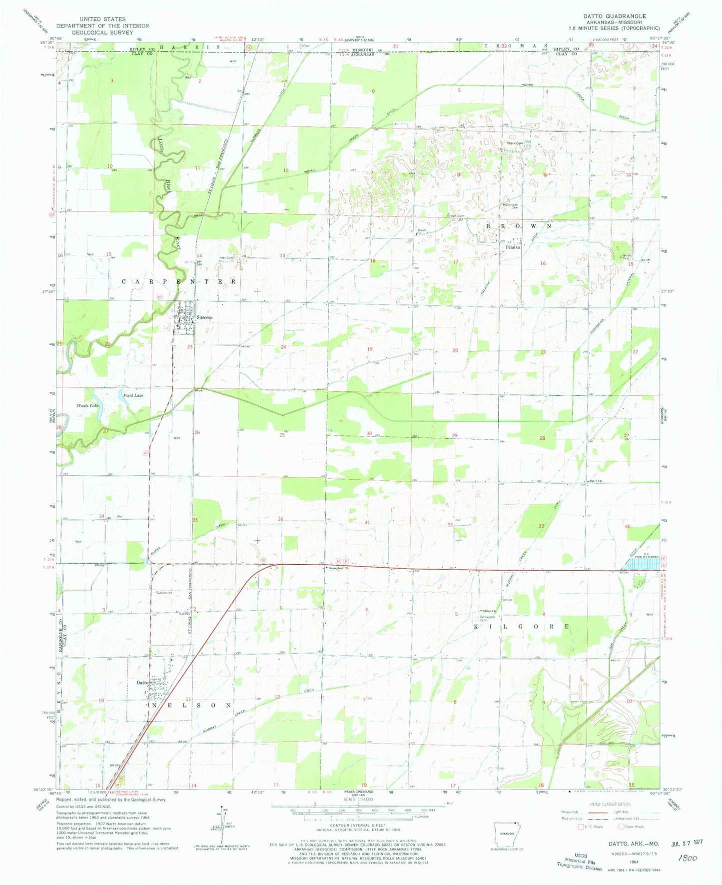 Classic USGS Datto Arkansas 7.5'x7.5' Topo Map Image