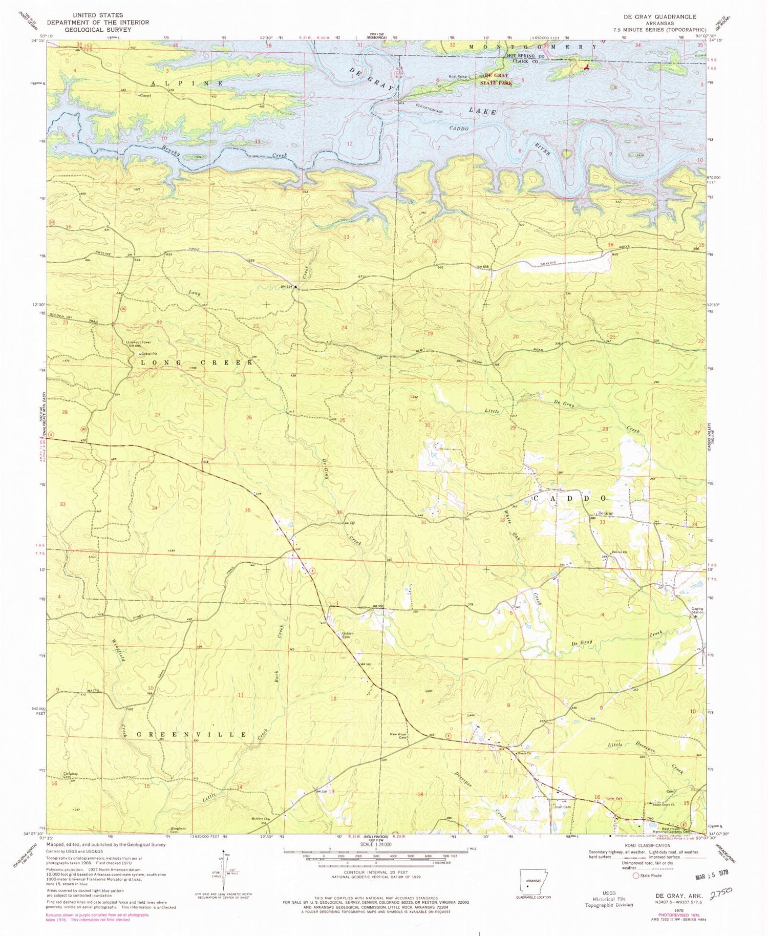 Classic USGS De Gray Arkansas 7.5'x7.5' Topo Map Image