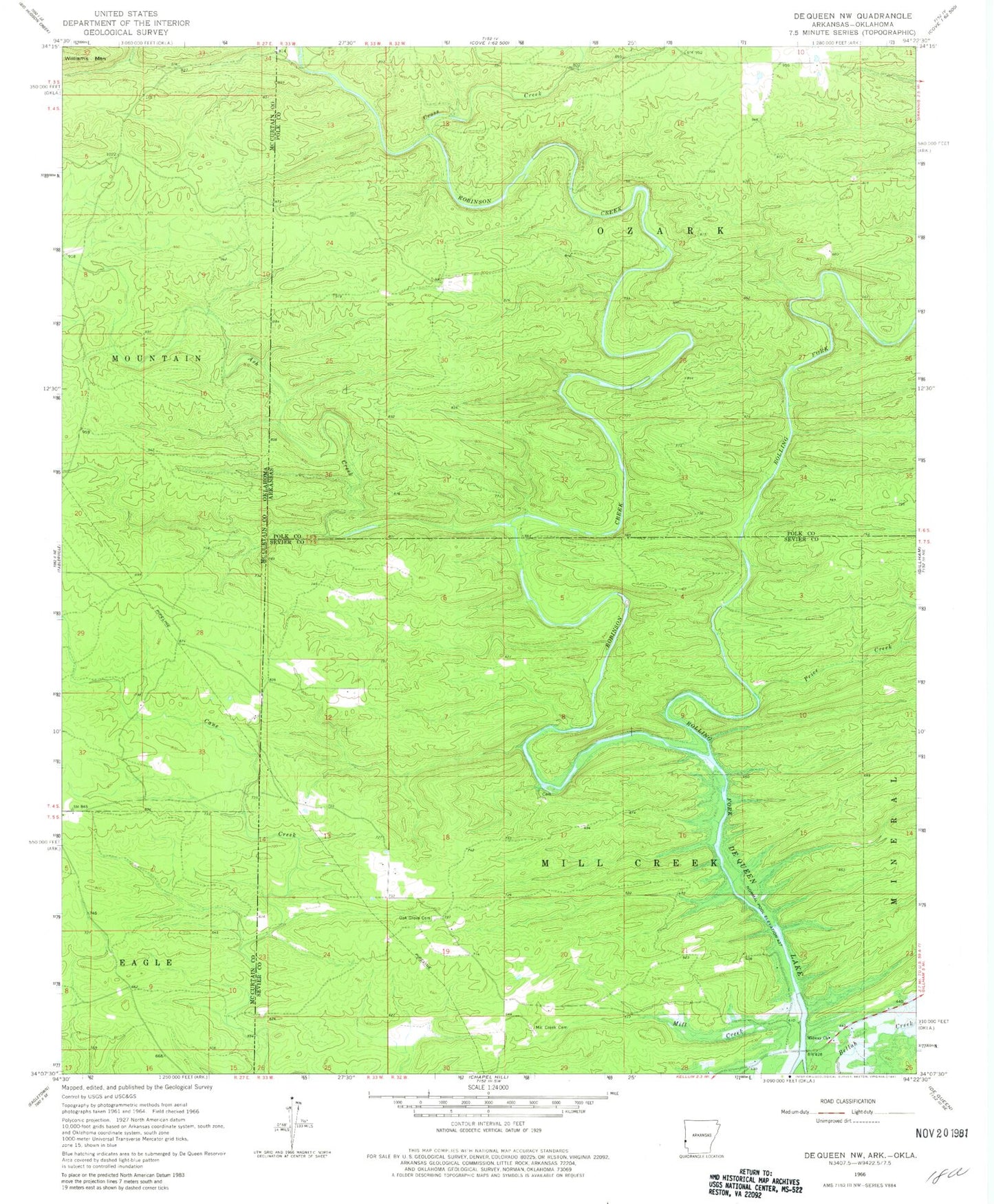 Classic USGS De Queen NW Arkansas 7.5'x7.5' Topo Map Image