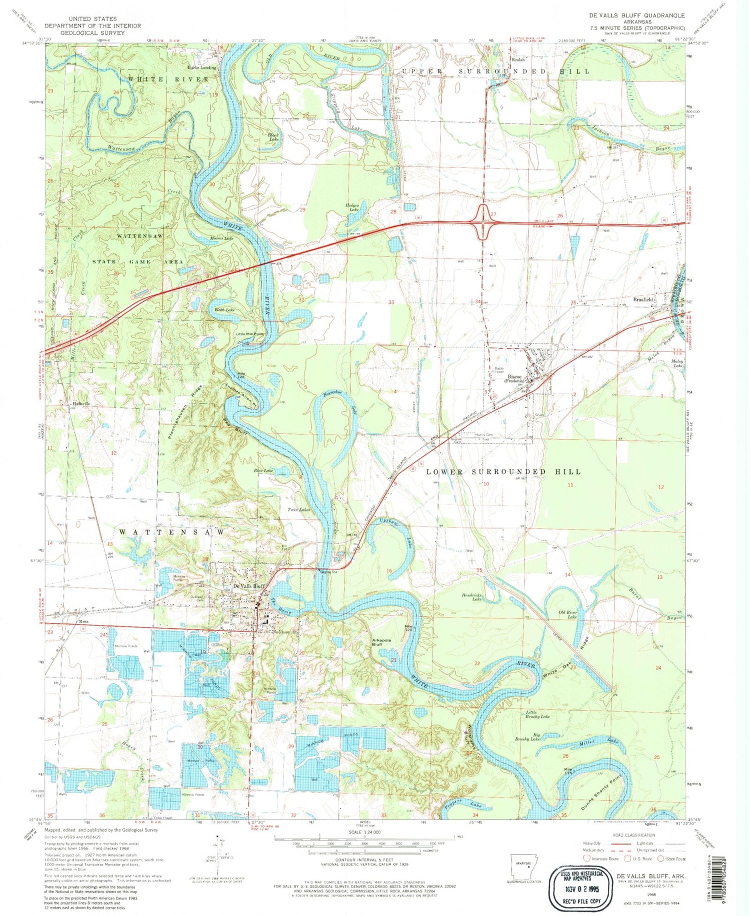 Classic USGS De Valls Bluff Arkansas 7.5'x7.5' Topo Map Image