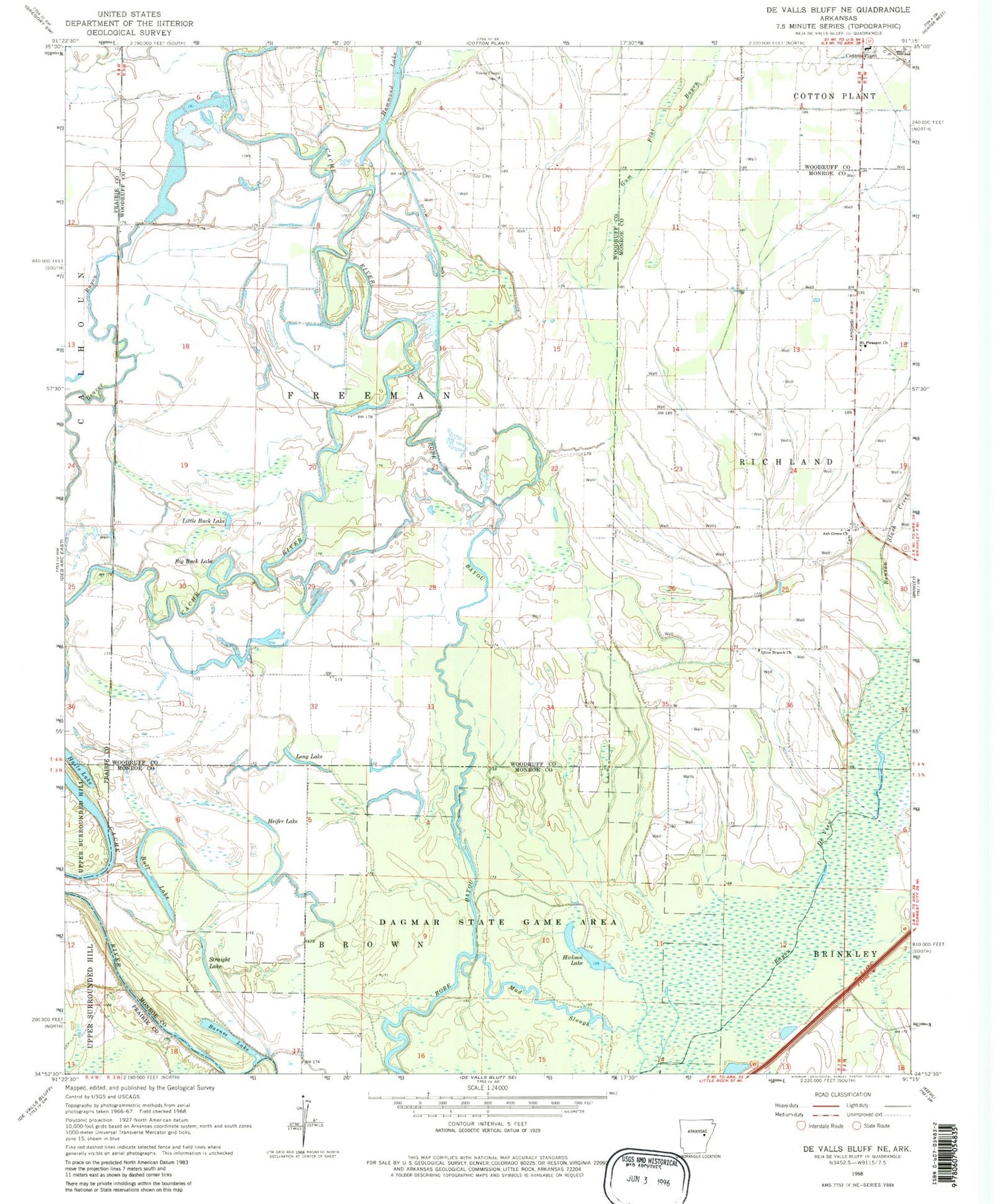 Classic USGS De Valls Bluff NE Arkansas 7.5'x7.5' Topo Map Image
