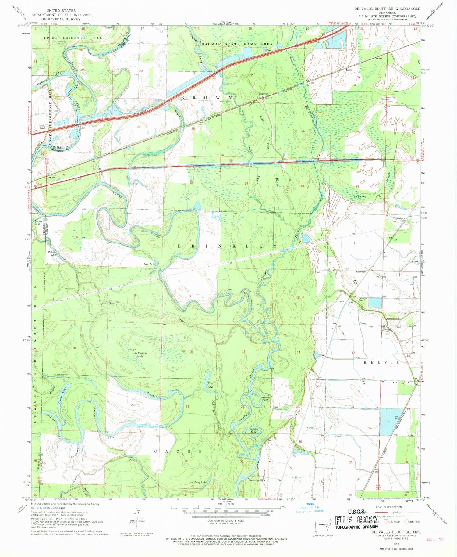 Classic USGS De Valls Bluff SE Arkansas 7.5'x7.5' Topo Map Image