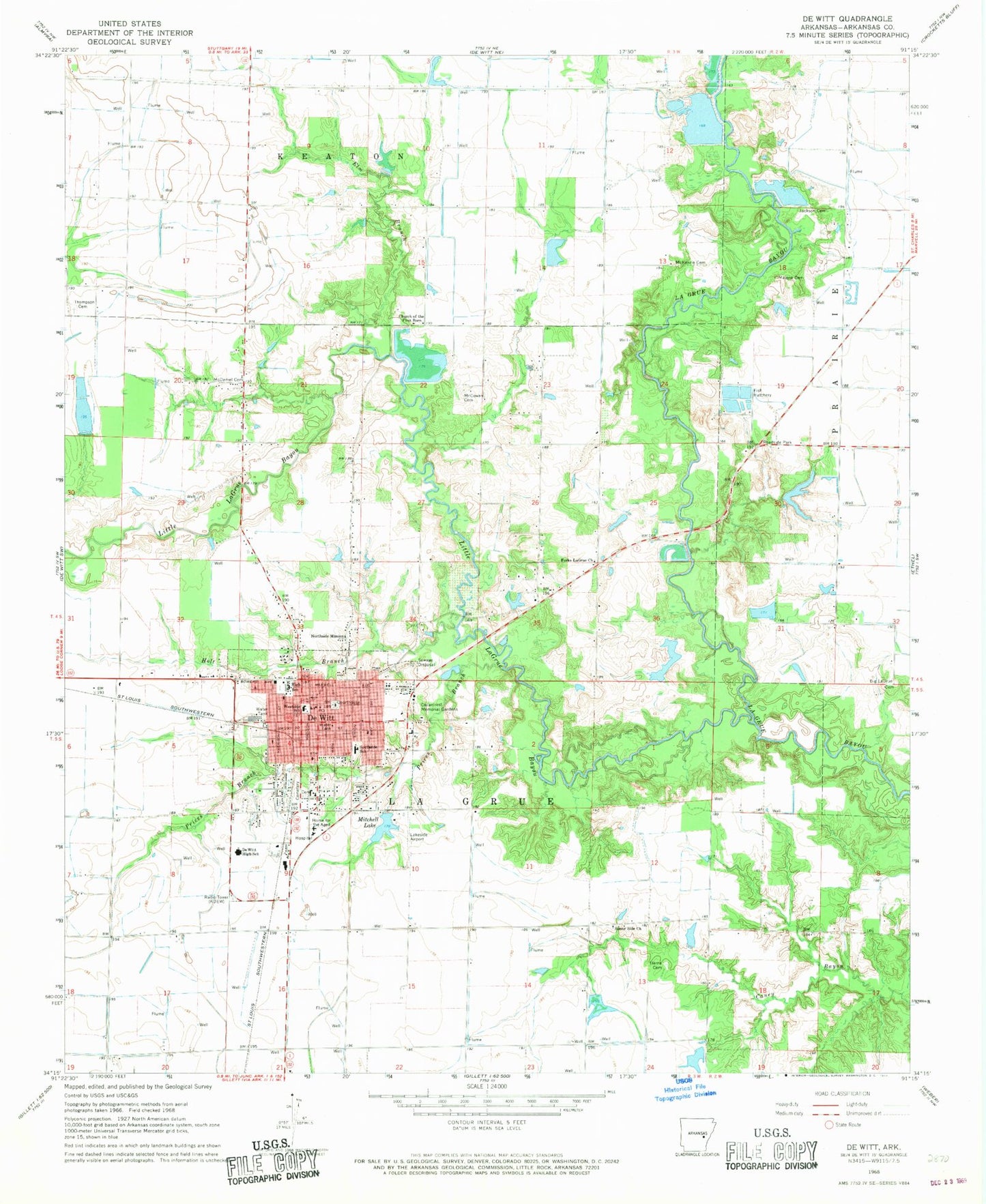 Classic USGS De Witt Arkansas 7.5'x7.5' Topo Map Image