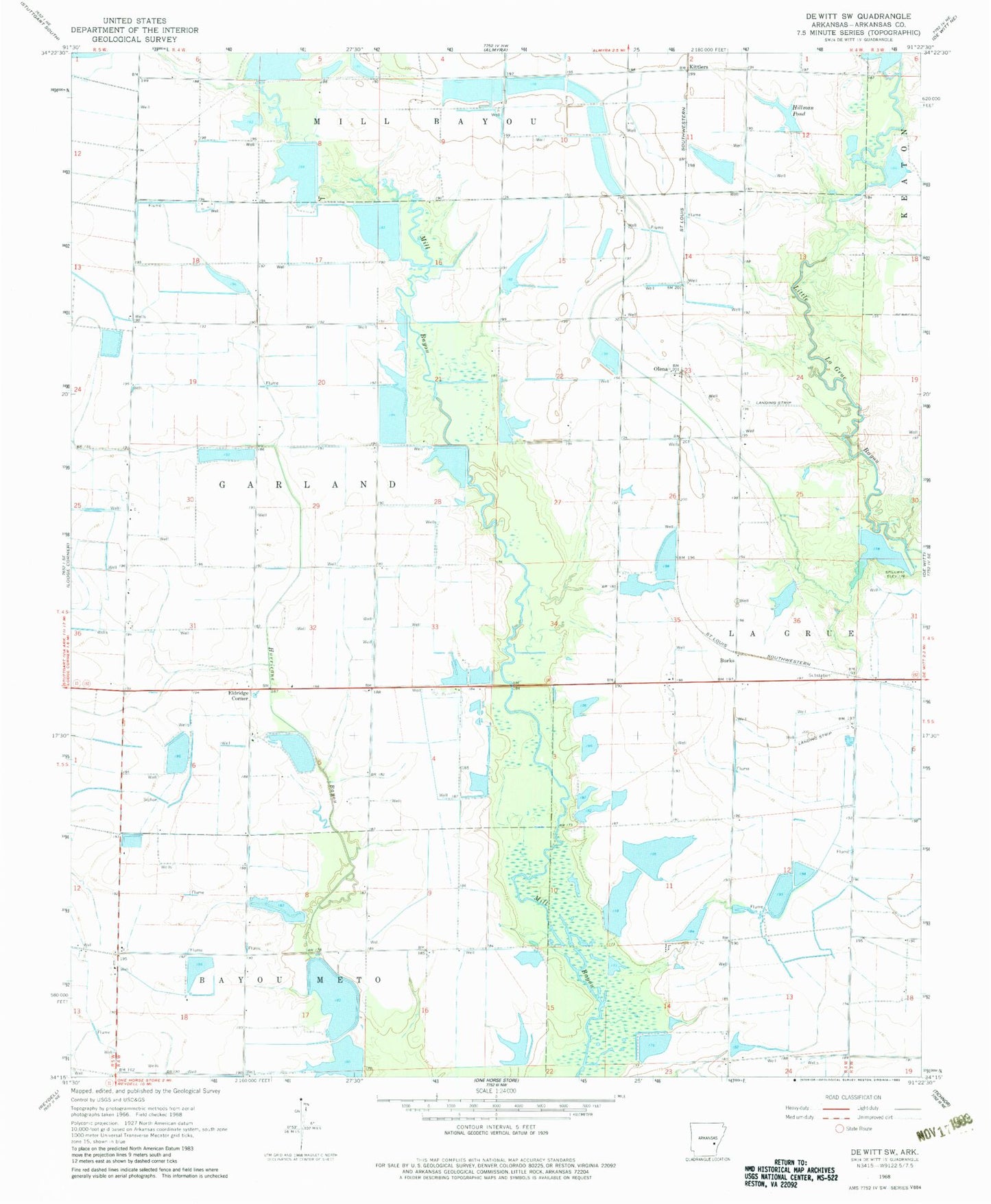Classic USGS De Witt SW Arkansas 7.5'x7.5' Topo Map Image