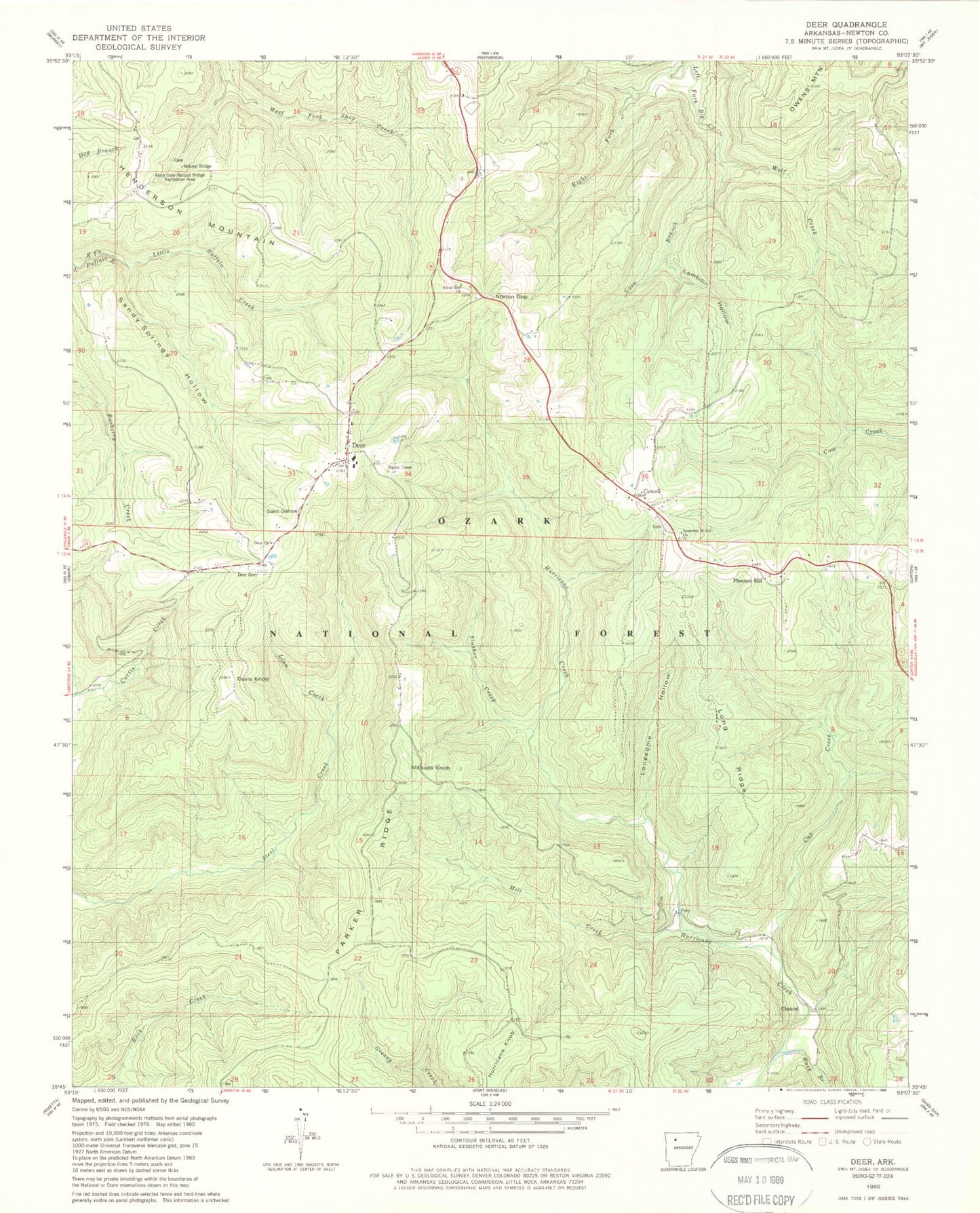 Classic USGS Deer Arkansas 7.5'x7.5' Topo Map Image