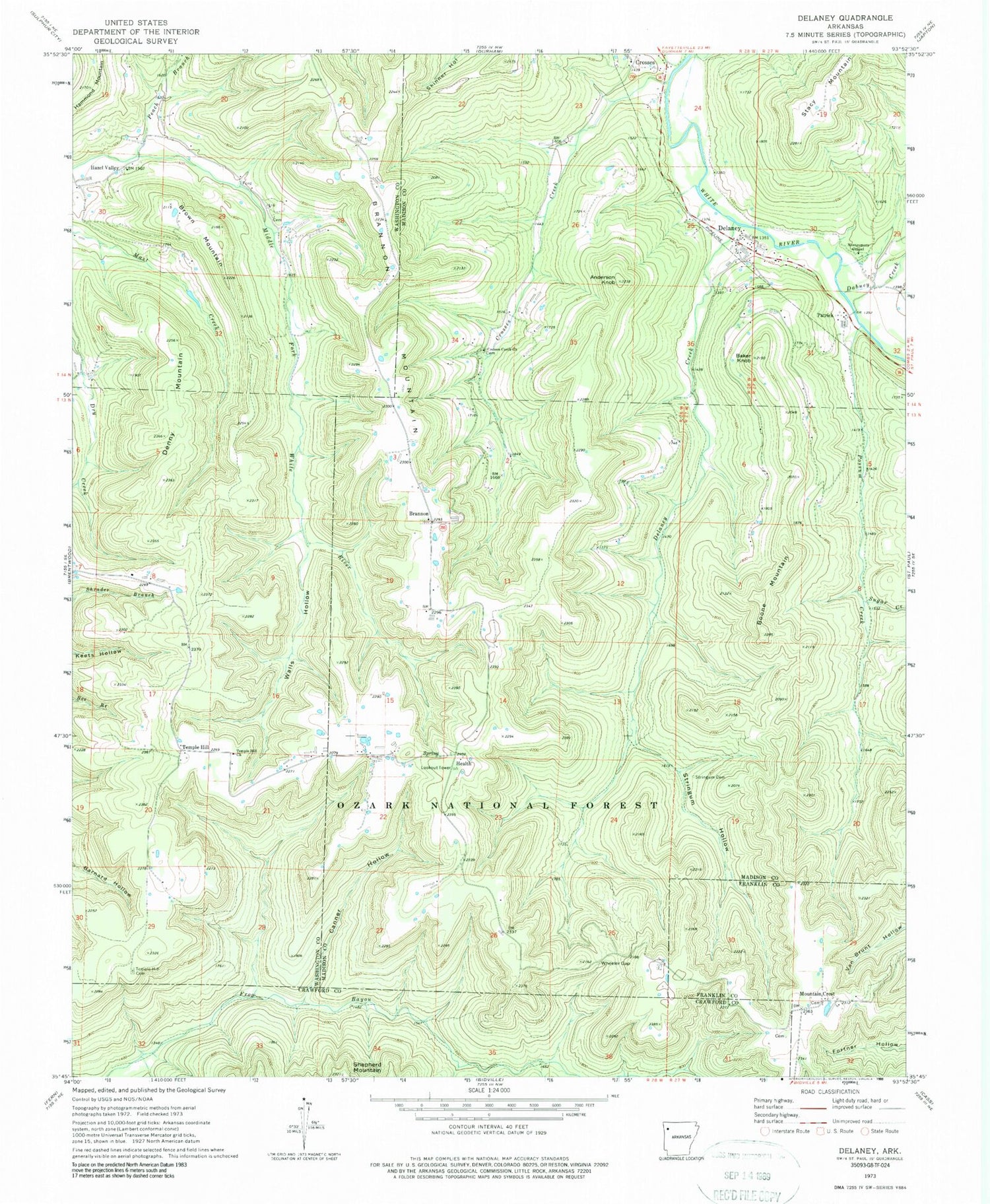 Classic USGS Delaney Arkansas 7.5'x7.5' Topo Map Image