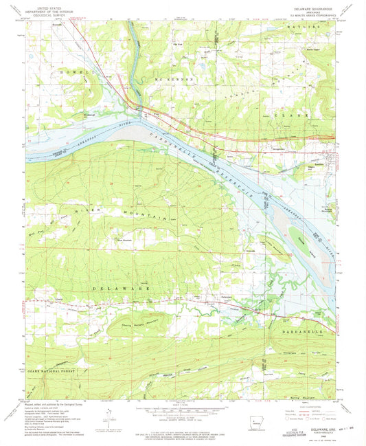 Classic USGS Delaware Arkansas 7.5'x7.5' Topo Map Image