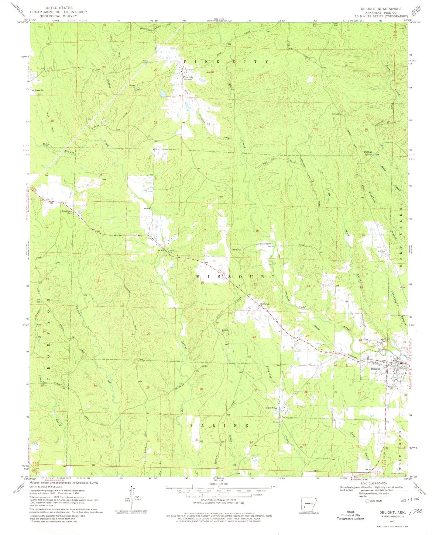 Classic USGS Delight Arkansas 7.5'x7.5' Topo Map Image