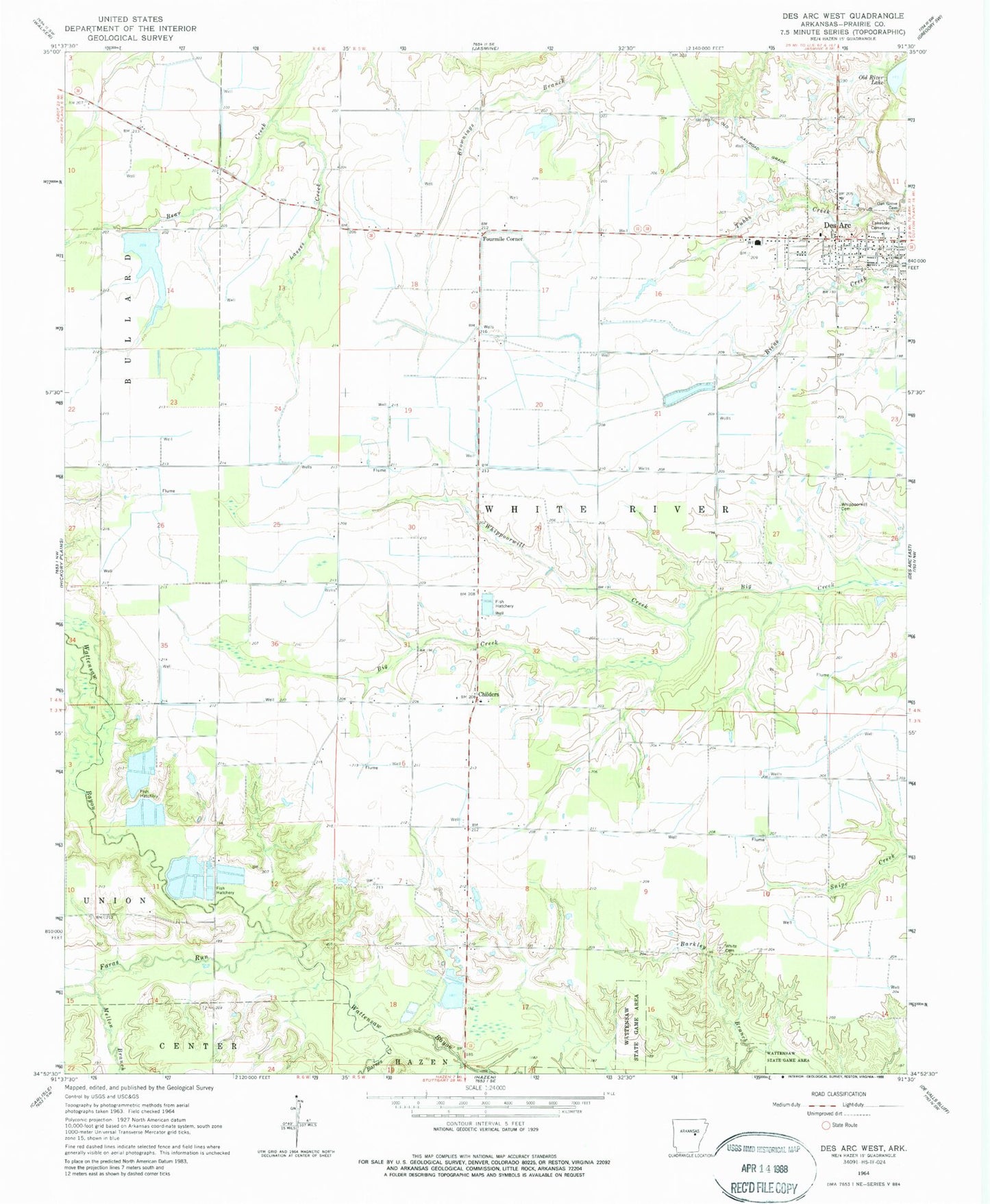 Classic USGS Des Arc West Arkansas 7.5'x7.5' Topo Map Image