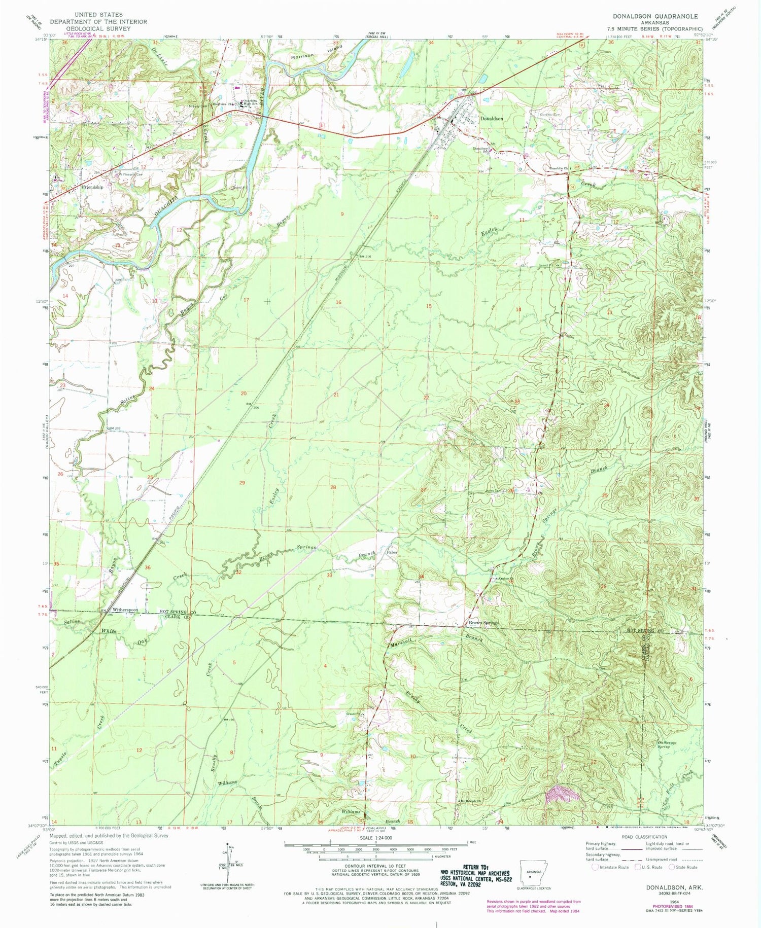 Classic USGS Donaldson Arkansas 7.5'x7.5' Topo Map Image