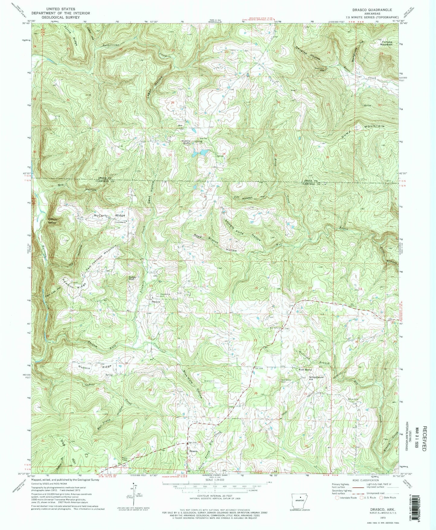 Classic USGS Drasco Arkansas 7.5'x7.5' Topo Map Image