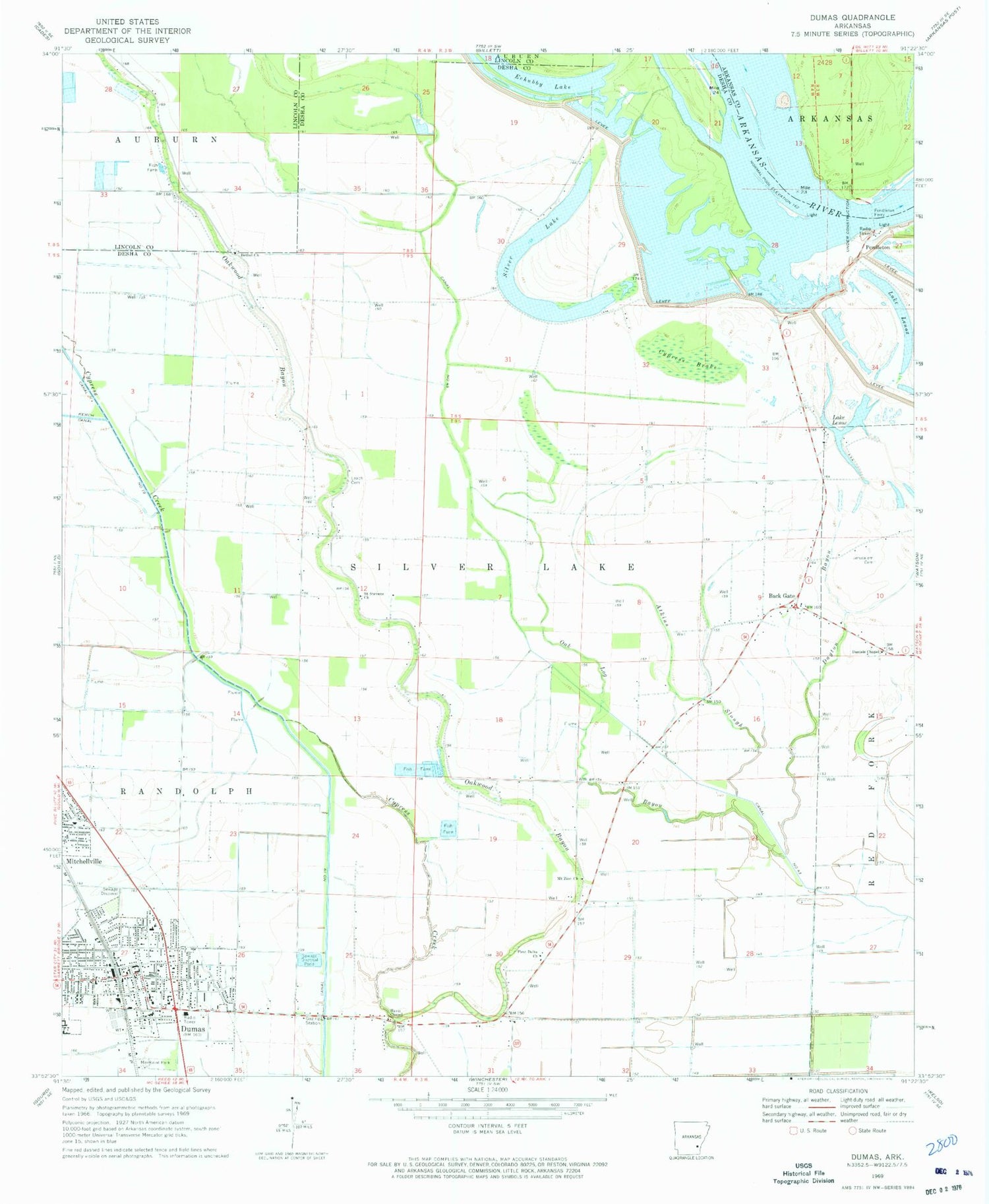 Classic USGS Dumas Arkansas 7.5'x7.5' Topo Map Image