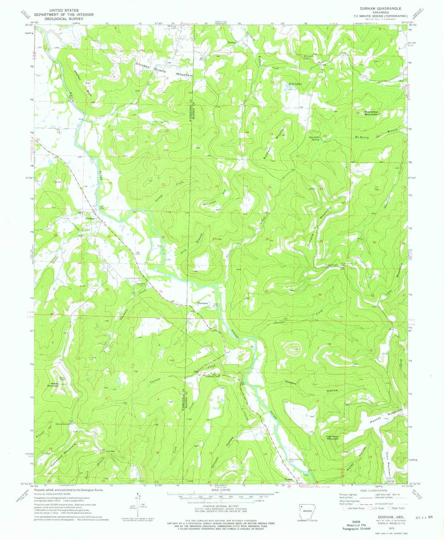 Classic USGS Durham Arkansas 7.5'x7.5' Topo Map Image
