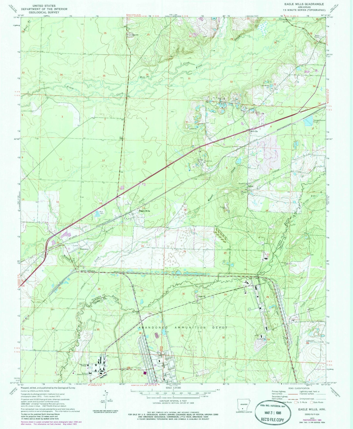 Classic USGS Eagle Mills Arkansas 7.5'x7.5' Topo Map Image