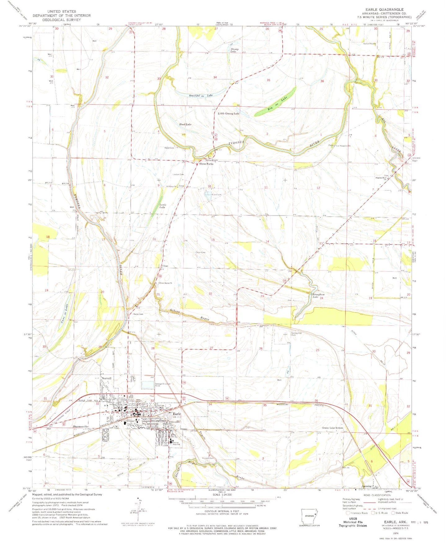 Classic USGS Earle Arkansas 7.5'x7.5' Topo Map Image