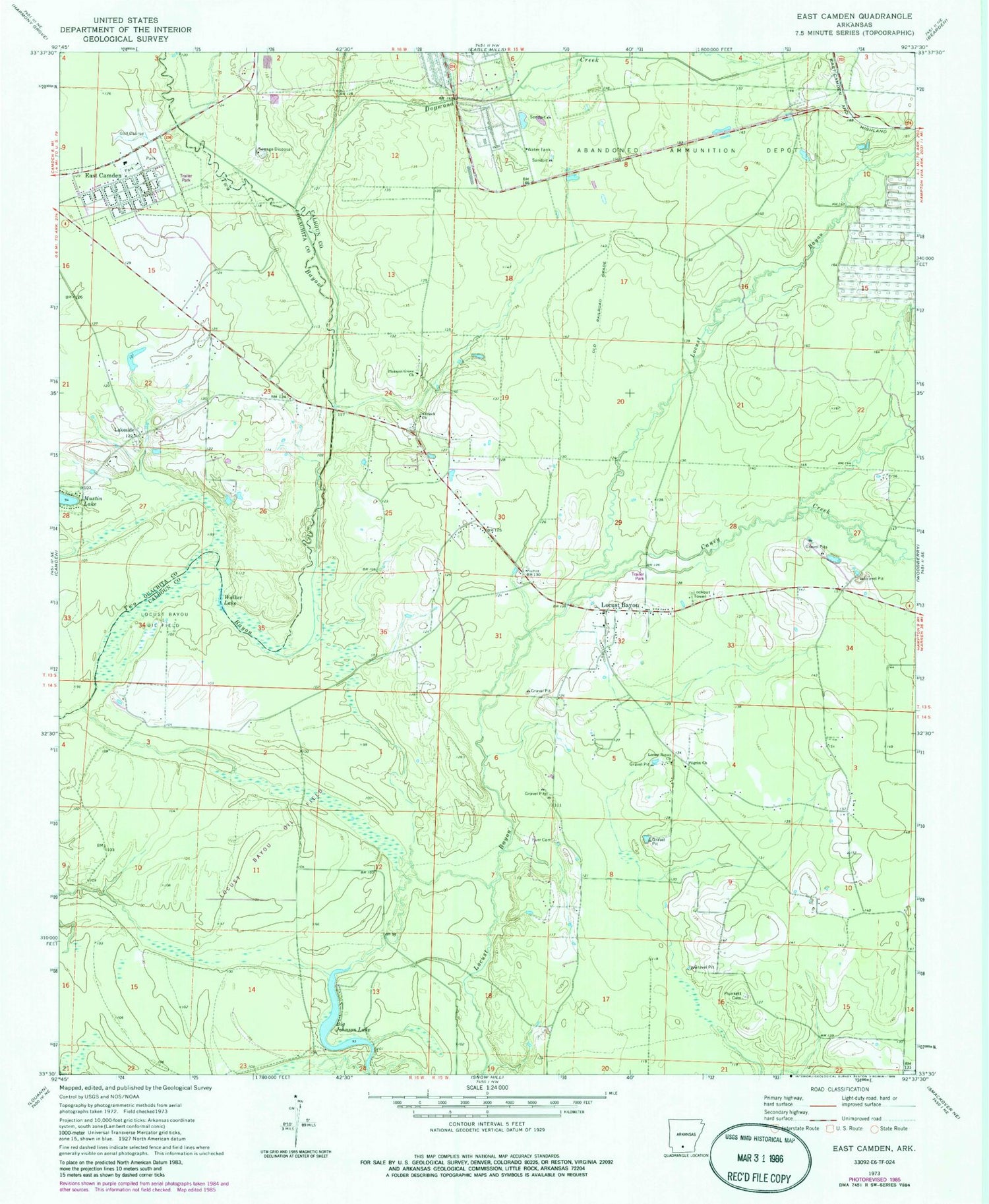 Classic USGS East Camden Arkansas 7.5'x7.5' Topo Map Image
