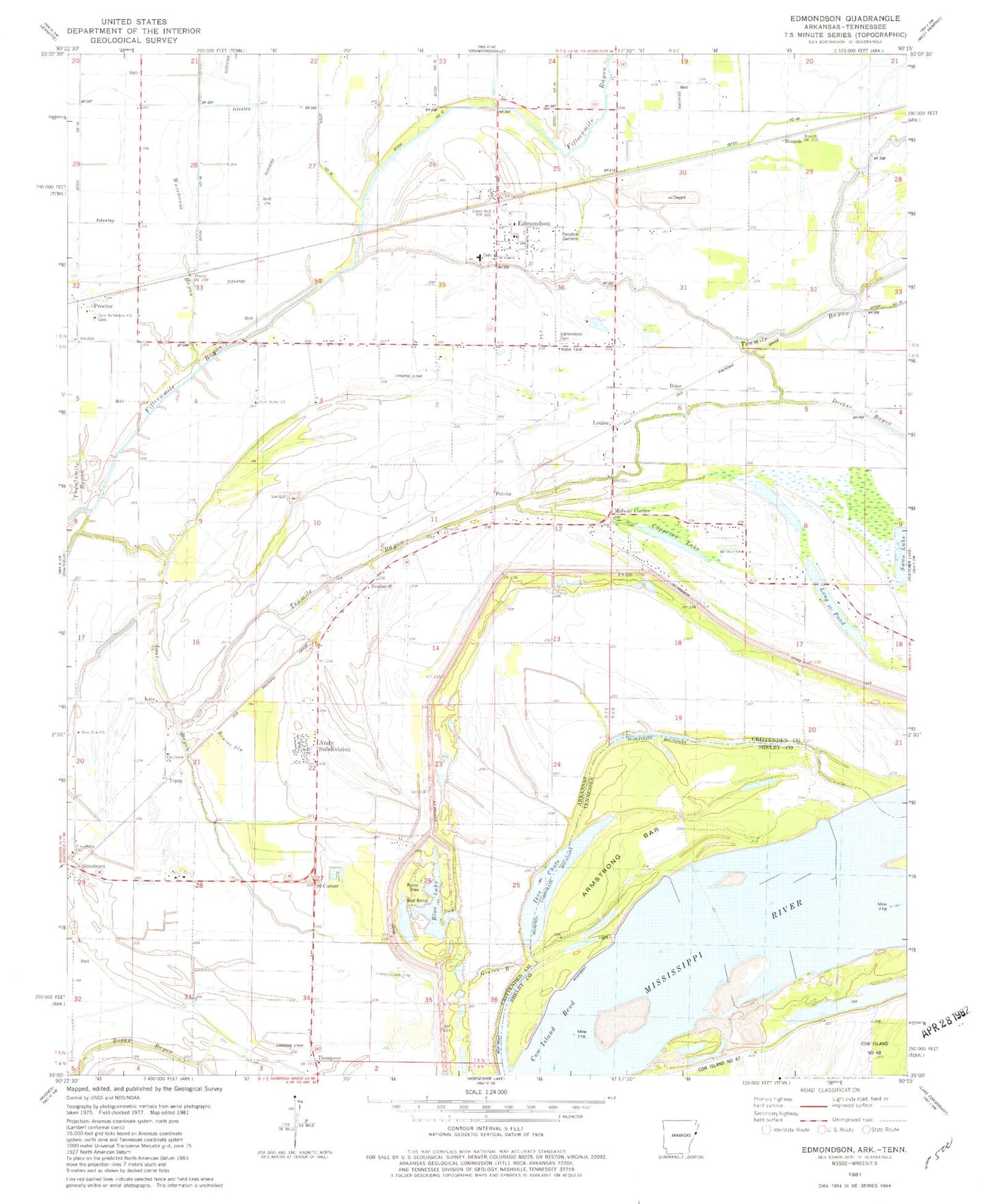 Classic USGS Edmondson Arkansas 7.5'x7.5' Topo Map Image