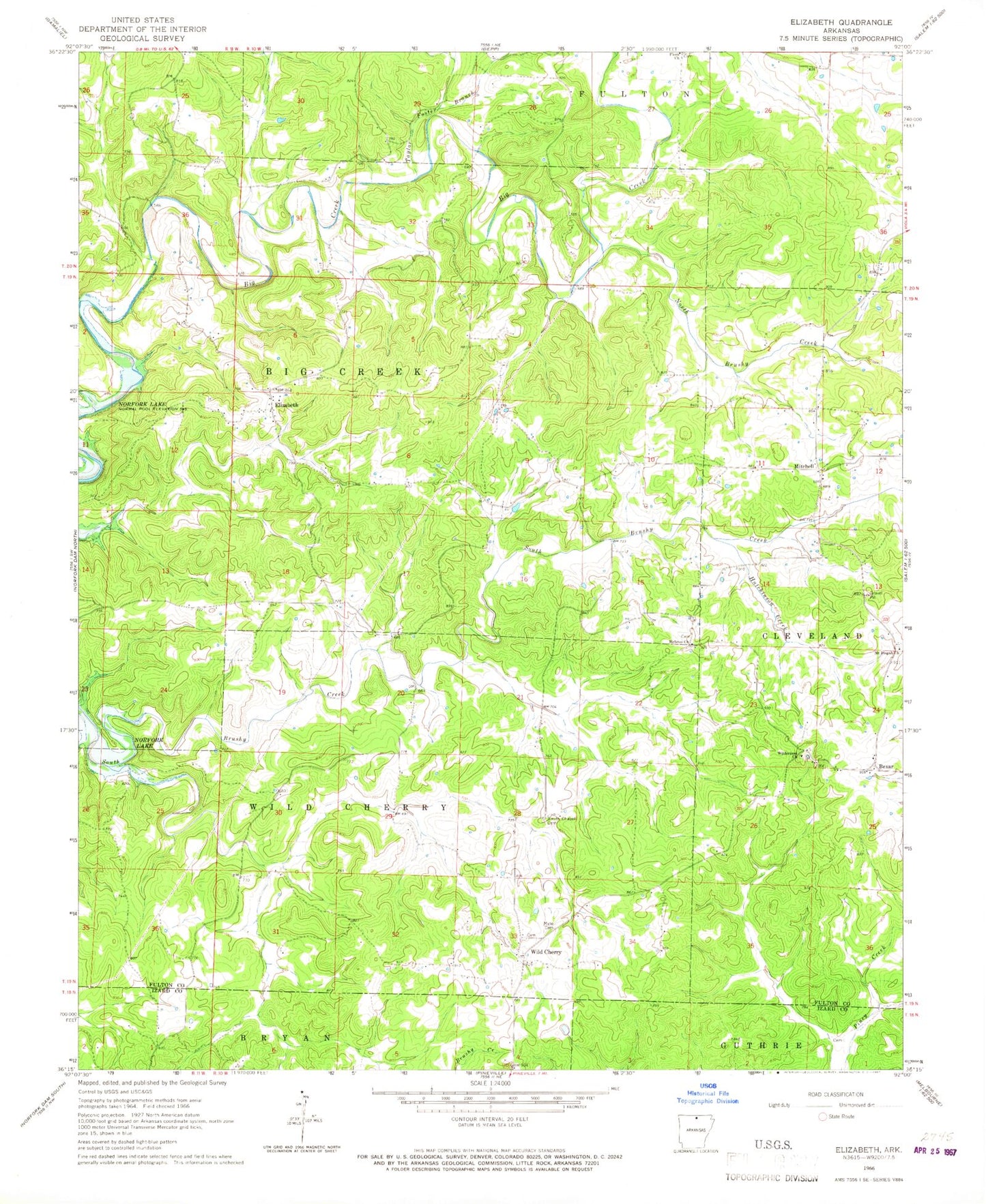 Classic USGS Elizabeth Arkansas 7.5'x7.5' Topo Map Image