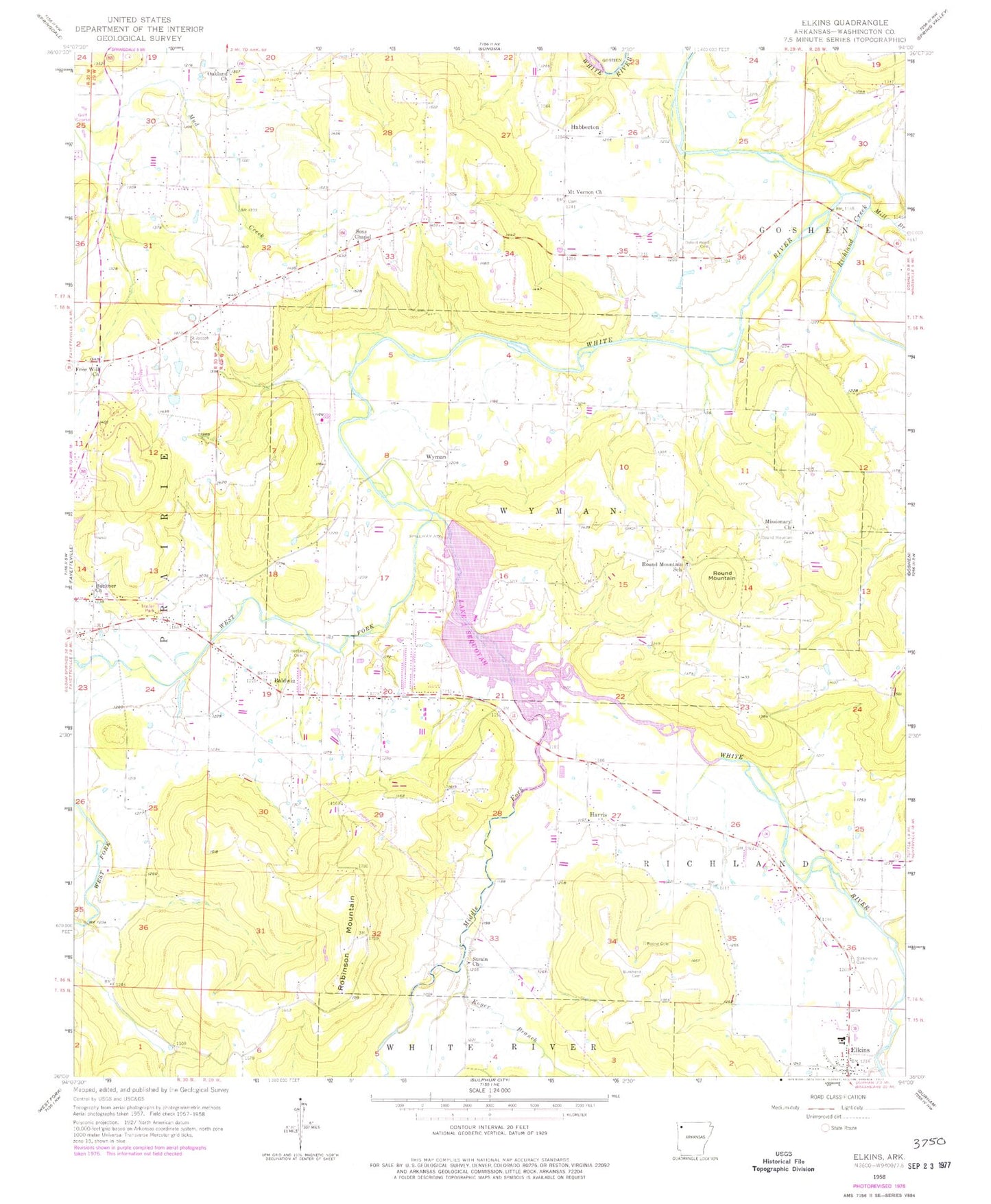 Classic USGS Elkins Arkansas 7.5'x7.5' Topo Map Image