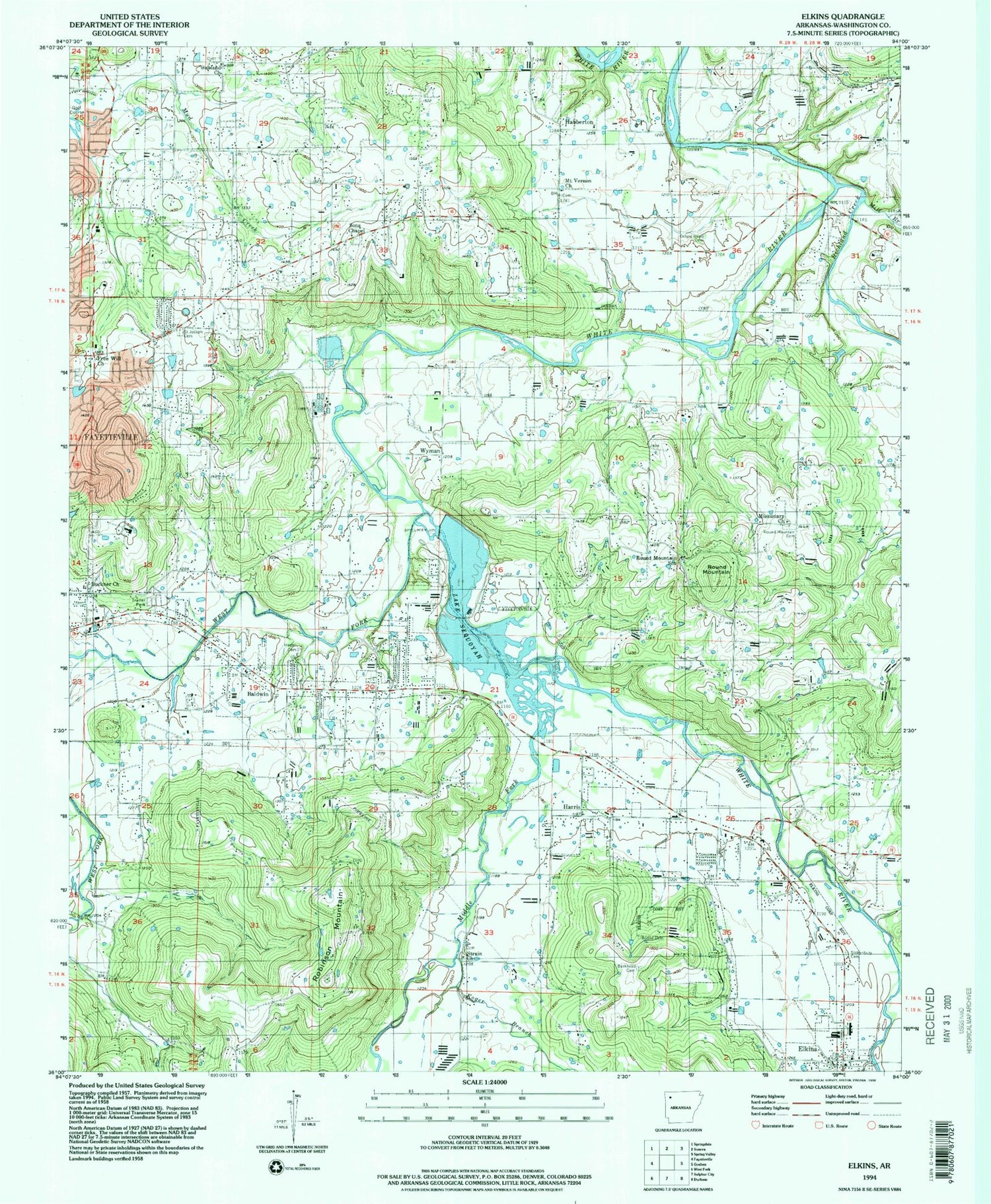 Classic USGS Elkins Arkansas 7.5'x7.5' Topo Map Image