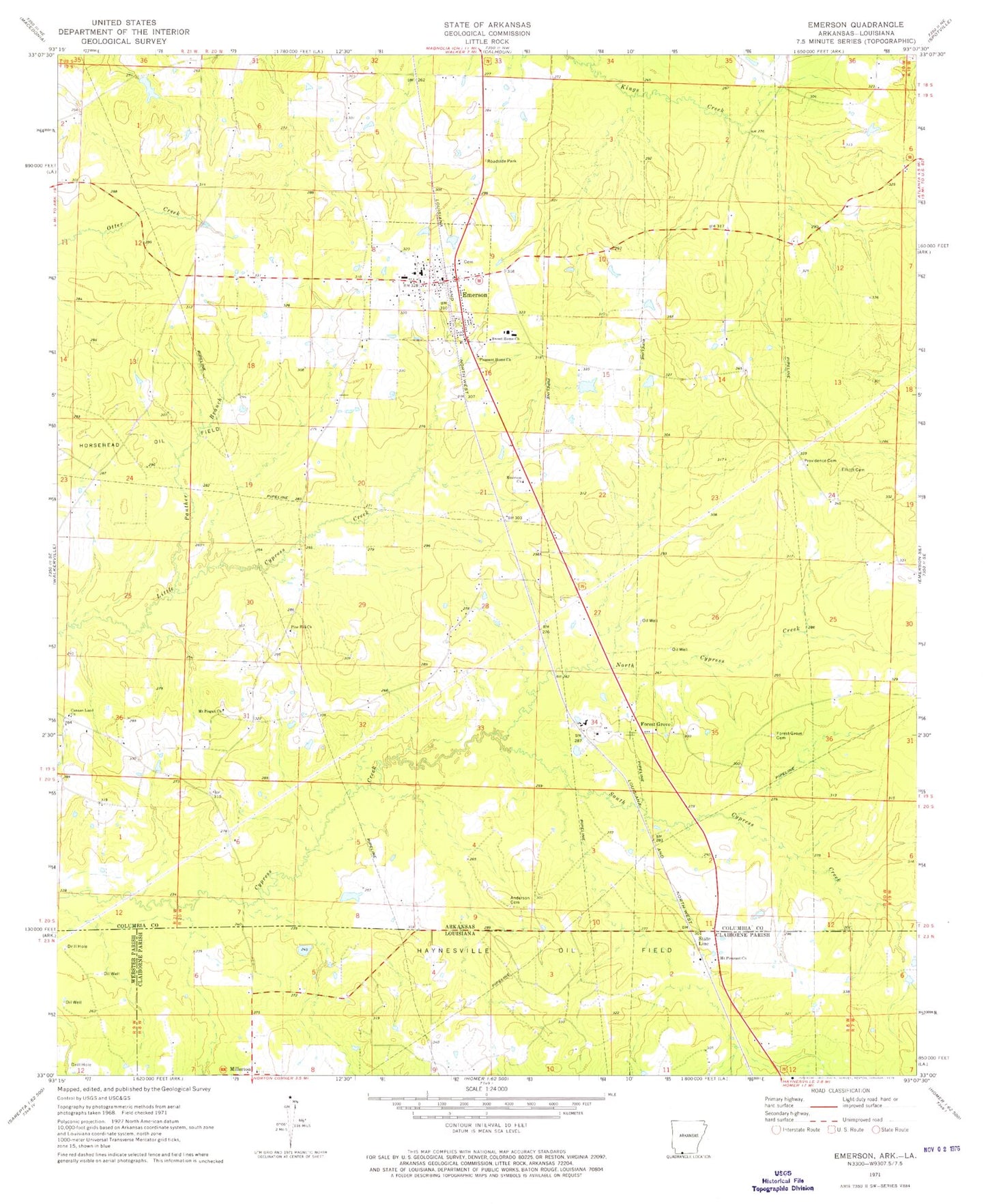 Classic USGS Emerson Arkansas 7.5'x7.5' Topo Map Image
