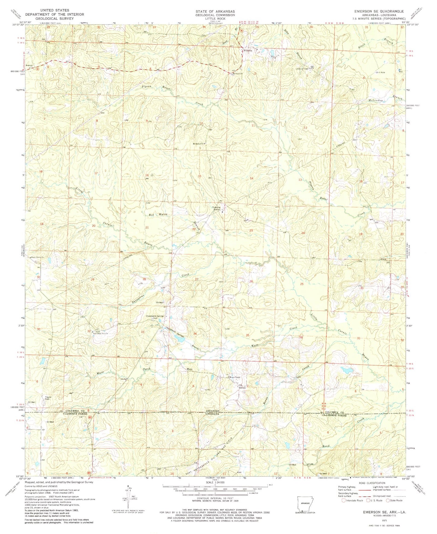 Classic USGS Emerson SE Arkansas 7.5'x7.5' Topo Map Image