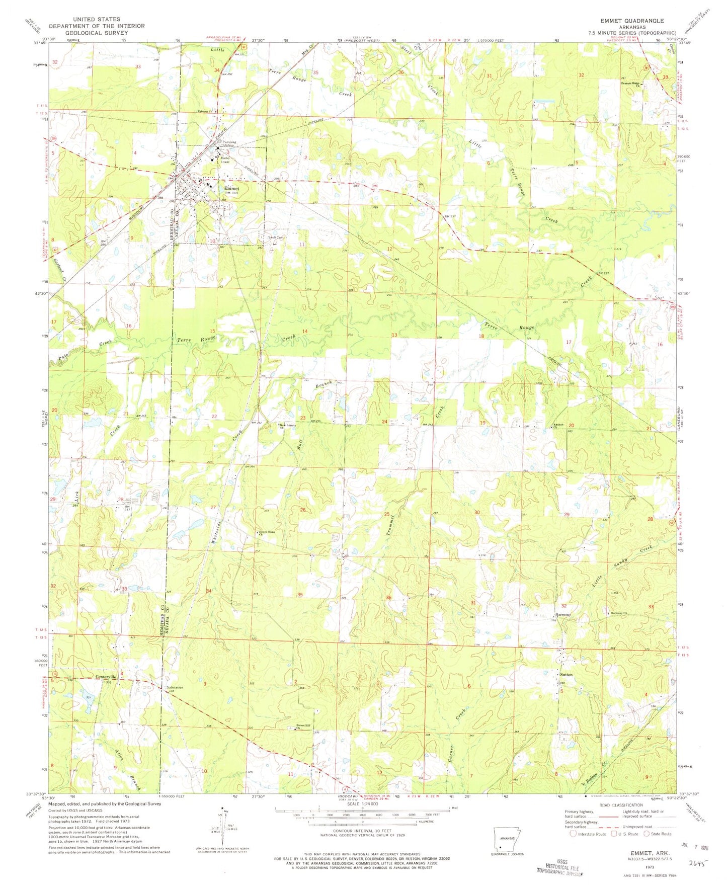 Classic USGS Emmet Arkansas 7.5'x7.5' Topo Map Image
