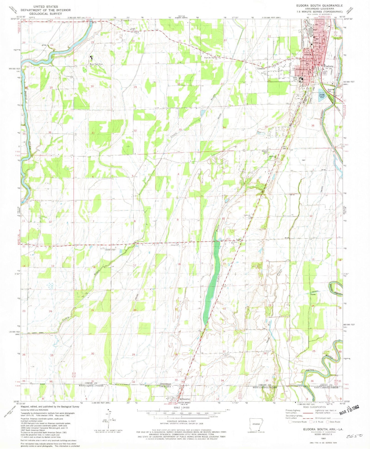 Classic USGS Eudora South Arkansas 7.5'x7.5' Topo Map Image