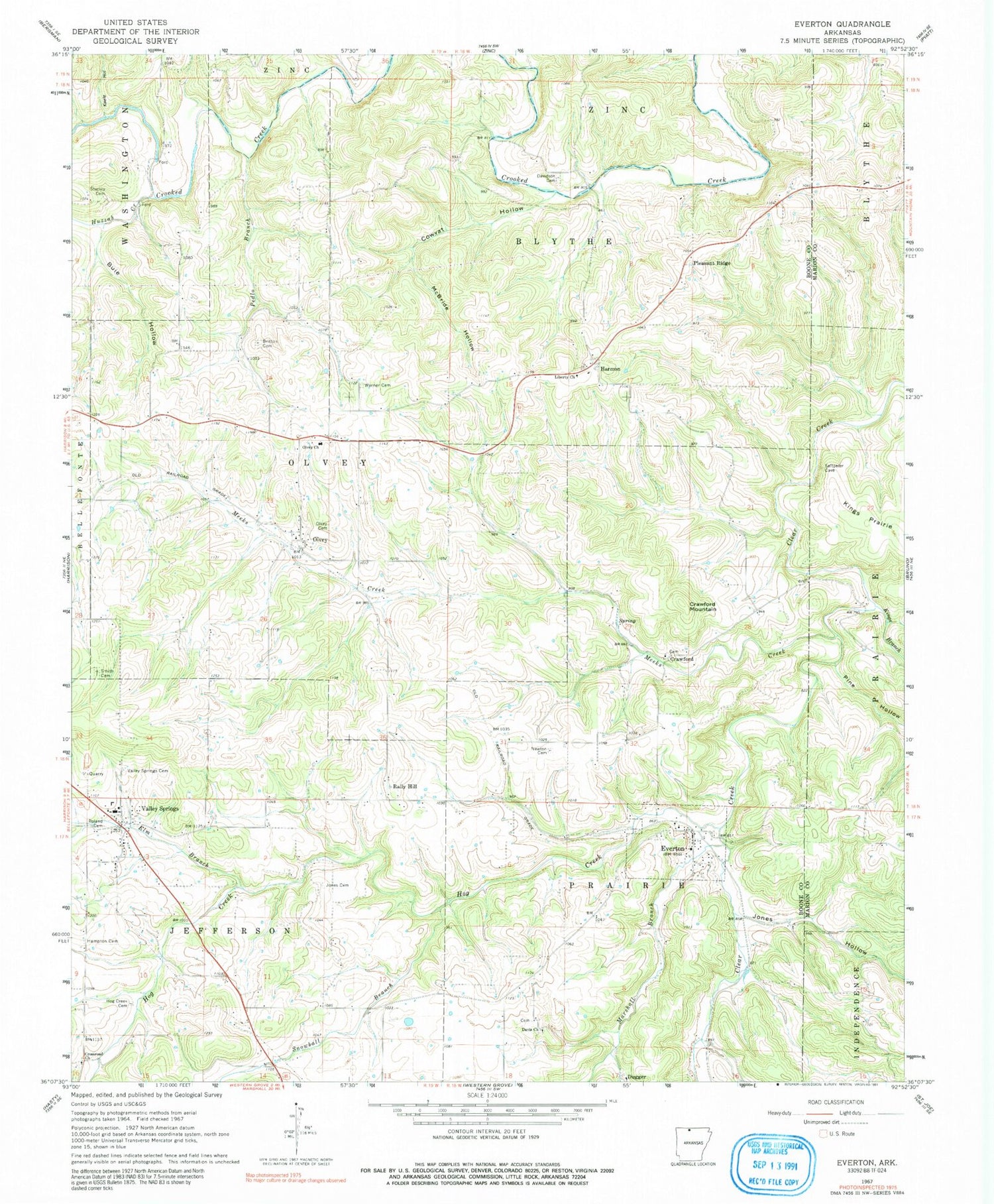 Classic USGS Everton Arkansas 7.5'x7.5' Topo Map Image