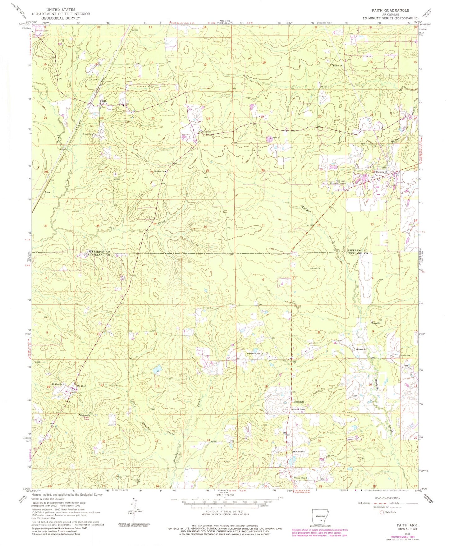 Classic USGS Faith Arkansas 7.5'x7.5' Topo Map Image