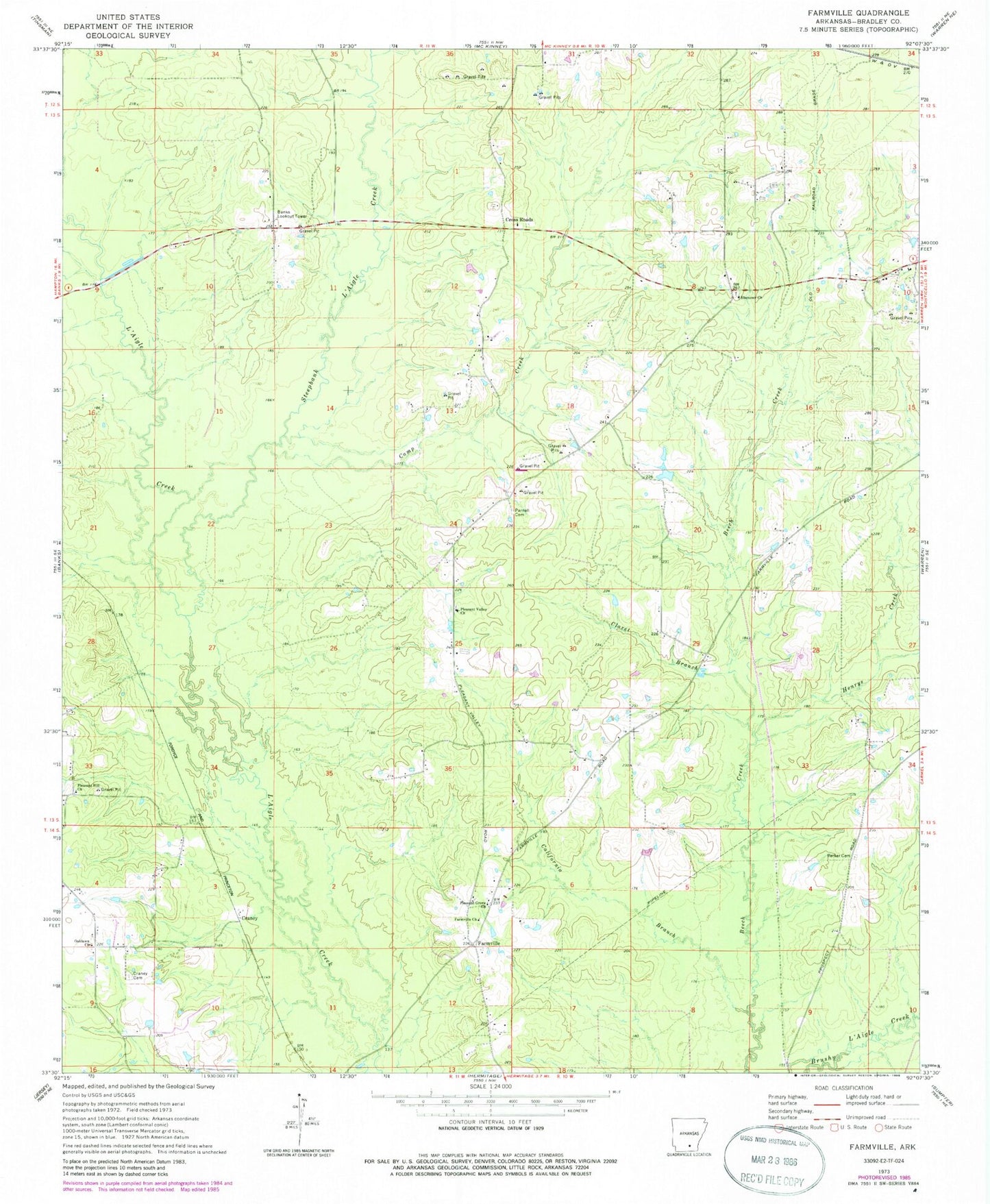 Classic USGS Farmville Arkansas 7.5'x7.5' Topo Map Image