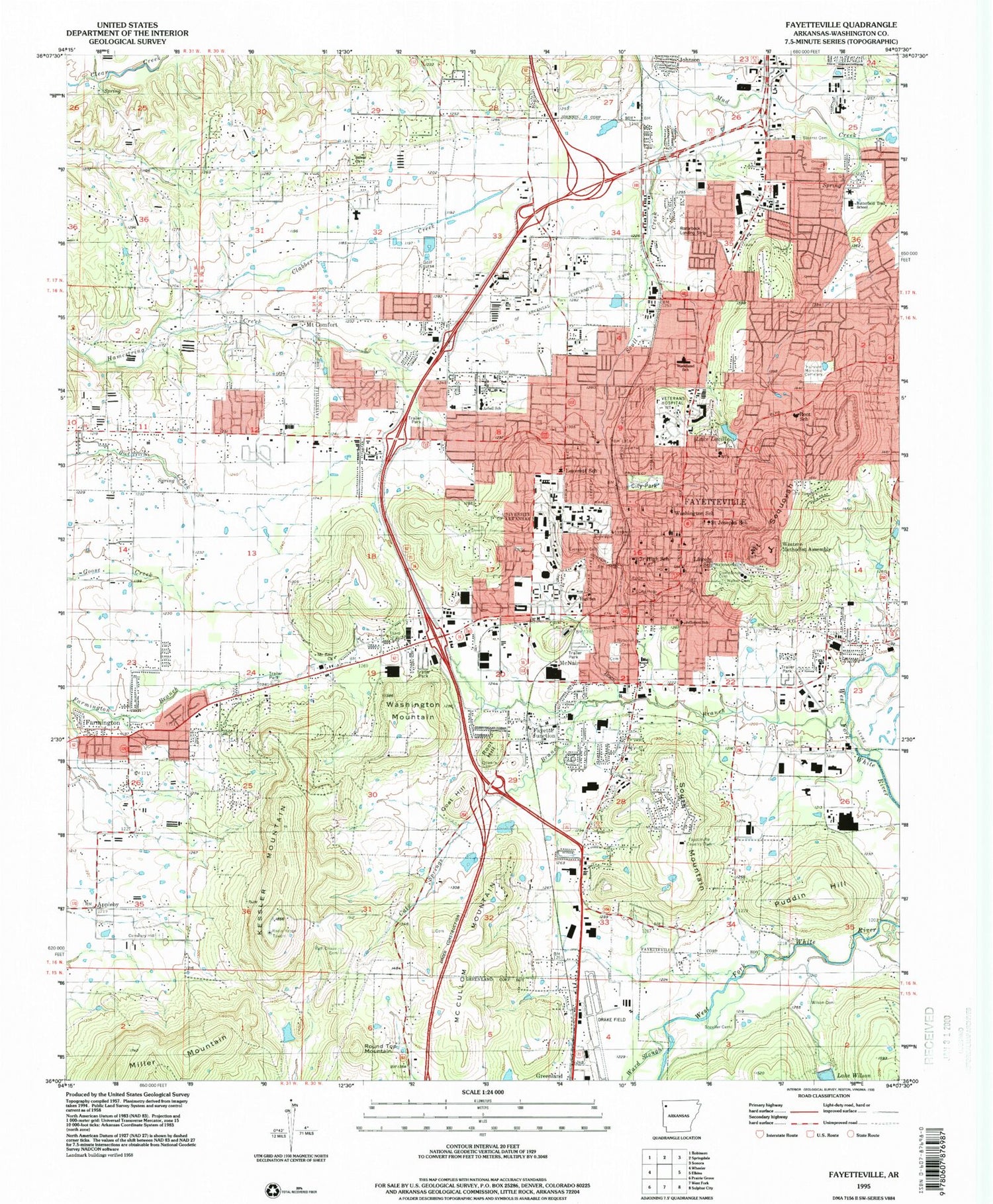 Classic USGS Fayetteville Arkansas 7.5'x7.5' Topo Map Image